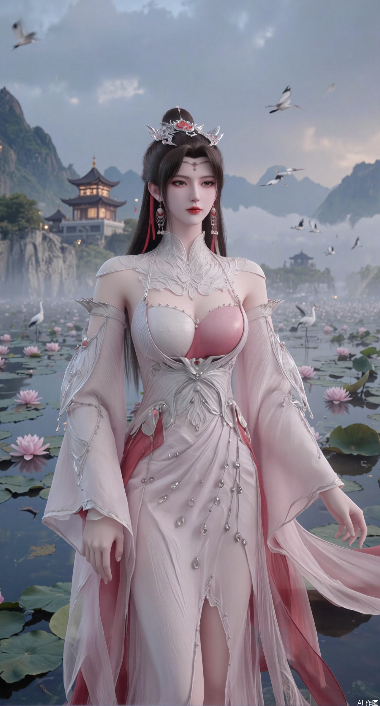 SFW,(masterpiece:1.2),best quality,1girl,solo,long hair,long dress,celestial maiden in flowing tulle gown levitates above lotus pond, ethereal mist trails from hair ribbons, mythical Penglai paradise emerges through clouds with glowing pavilions, translucent bioluminescent lotus blooms, flock of cranes gliding over water surface, ultra HD with soft 3D rendering, morning light filters through mist, falling petal rain, intricate details on scale-patterned fabric and lotus veins.(huge breasts:2.99),(full breasts:2.99),XliumeiY