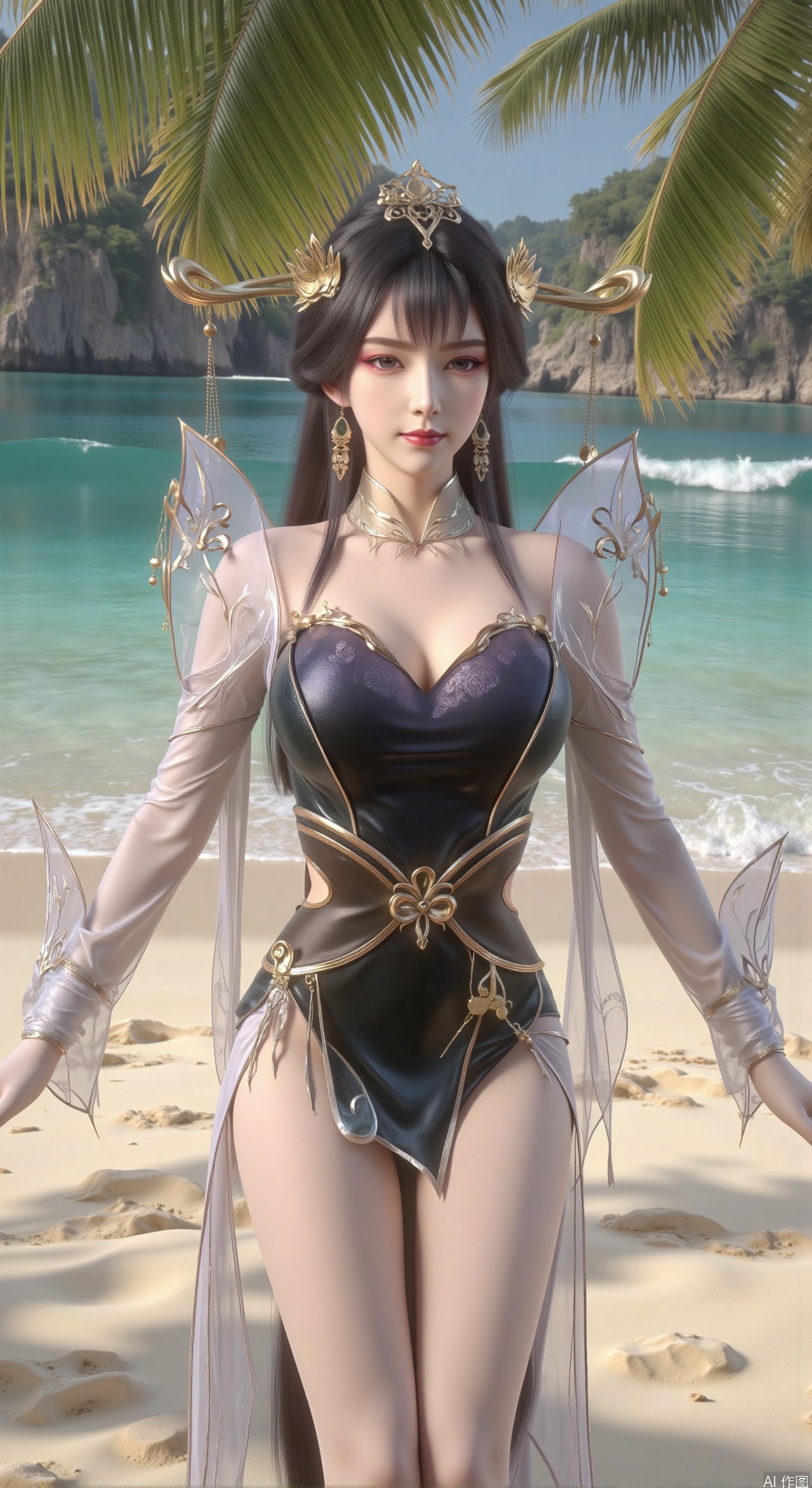  SFW,(masterpiece:1.2),best quality,absurdres,masterpiece,original,extremely detailed wallpaper,perfect lighting,Golden sandy beach covered with vibrant flowers, turquoise waves gently lapping the shore, elegant woman in embroidered qipao swinging on a wooden swing under coconut trees, bright flower clusters spreading from sand to palm tree roots, soft natural light filtering through coconut leaves, ocean breeze lifting hair and qipao hem, high-resolution details showcasing petal textures and silk fabric sheen, ultra-wide angle lens capturing coastline panorama, cinematic color grading with soft focus on the central figure,(huge breasts:2.99),(full breasts:2.99),Xzhihua,Xsiyouyou,Xyanruyu,Xmoxiaonan,Xyeqingxian