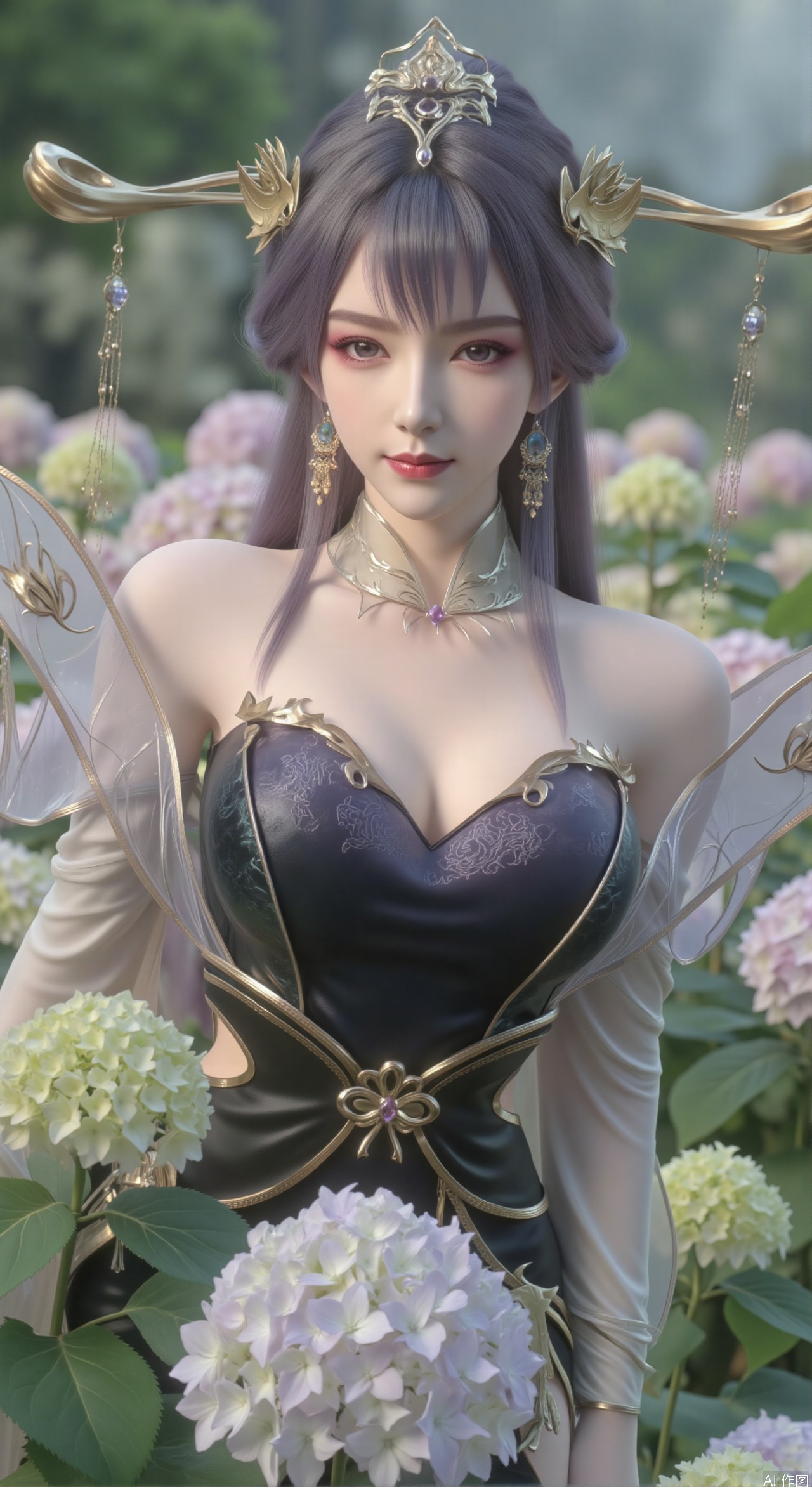  SFW,(masterpiece:1.2),best quality,absurdres,masterpiece,original,extremely detailed wallpaper,perfect lighting,1girl,solo,looking at viewer,(cowboy_shot:1.3),long hair,high heels,blurry background,depth of field,motion blur,(long dress:1.23),china_dress,chinese_style,bare shouders,crystal_earrings,headpiece,hair_tie,chest_jewel,gem,necklace,jewelry,in summer,day,outdoors,nature,garden,,(standing,Hydrangea, Hydrangea Field:1.59),(huge breasts:2.99),(full breasts:2.99),Xzhihua,Xsiyouyou,Xyanruyu,Xmoxiaonan,Xyeqingxian