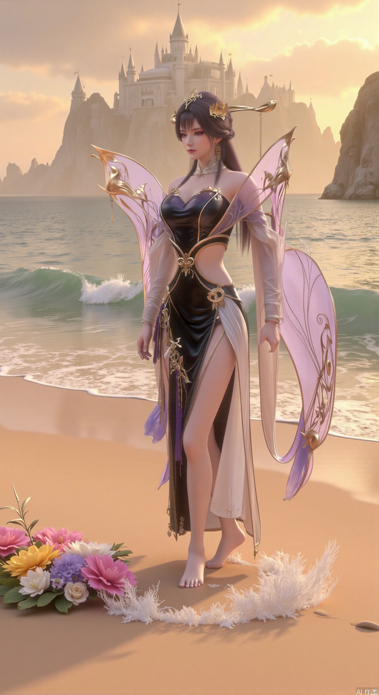  SFW,(masterpiece:1.2),best quality,3d anime style, cg,absurdres,masterpiece,original,extremely detailed wallpaper,perfect lighting,official art, A young woman in embroidered qipao standing barefoot on golden sandy beach, colorful flowers around feet, ocean waves washing over feet, white medieval castle with pointed towers resembling Neuschwanstein Castle perched on steep cliff in background, golden sunset rays piercing through clouds, ultra-wide angle composition with detailed foreground sand textures, dynamic mid-shot of figure interacting with waves, three-dimensional castle structure in background, high saturation colors, 8K resolution, precise depth of field control, HDR lighting, surreal elements blended with photorealistic details, realistic water reflections, intricate silk fabric texture, castle floating in mist atmosphere,(huge breasts:2.99),(full breasts:2.99),Xhenge,Xshisanyi