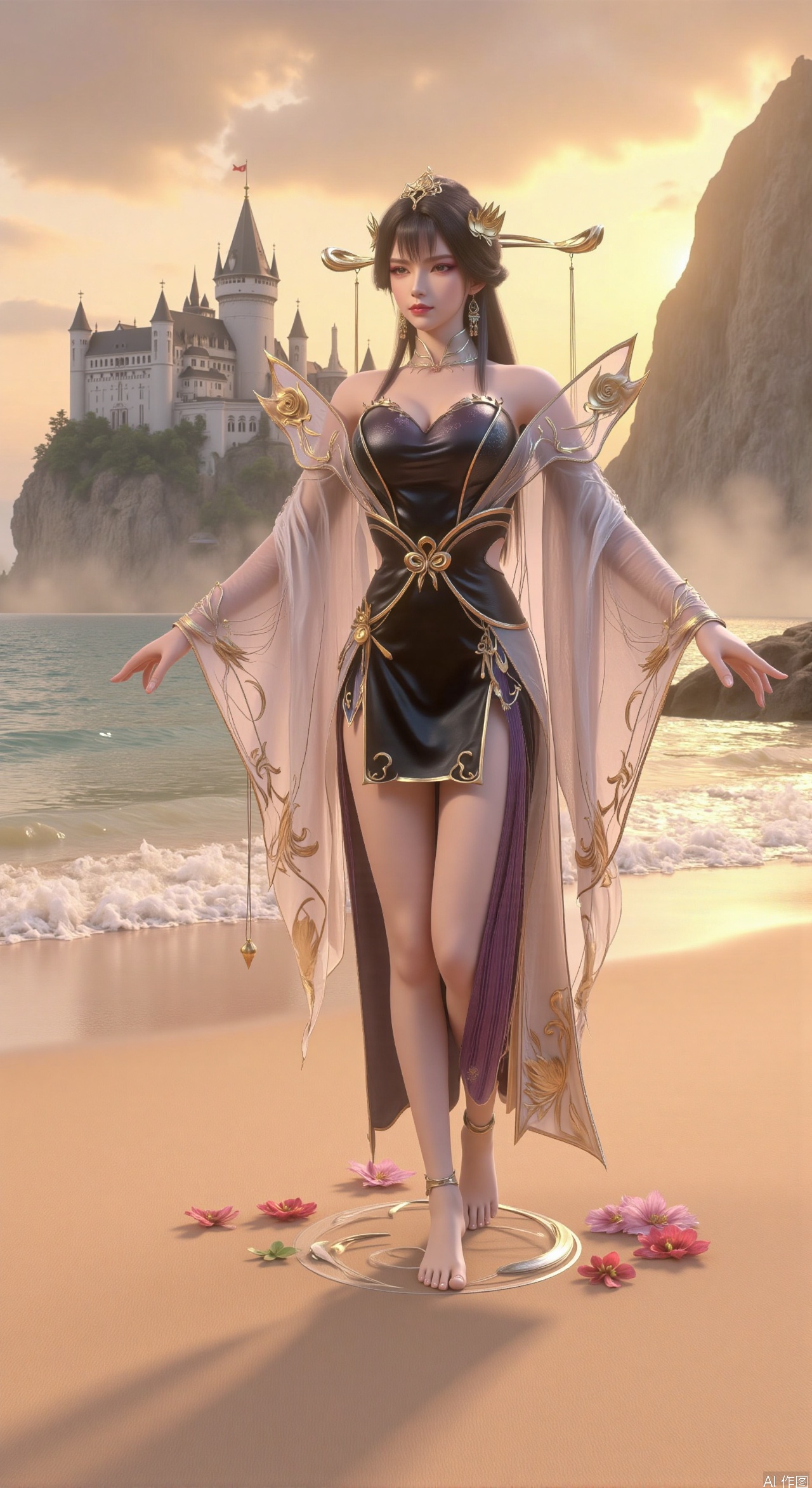  SFW,(masterpiece:1.2),best quality,3d anime style, cg,absurdres,masterpiece,original,extremely detailed wallpaper,perfect lighting,official art, A young woman in embroidered qipao standing barefoot on golden sandy beach, colorful flowers around feet, ocean waves washing over feet, white medieval castle with pointed towers resembling Neuschwanstein Castle perched on steep cliff in background, golden sunset rays piercing through clouds, ultra-wide angle composition with detailed foreground sand textures, dynamic mid-shot of figure interacting with waves, three-dimensional castle structure in background, high saturation colors, 8K resolution, precise depth of field control, HDR lighting, surreal elements blended with photorealistic details, realistic water reflections, intricate silk fabric texture, castle floating in mist atmosphere,(huge breasts:2.99),(full breasts:2.99),Xhenge,Xshisanyi