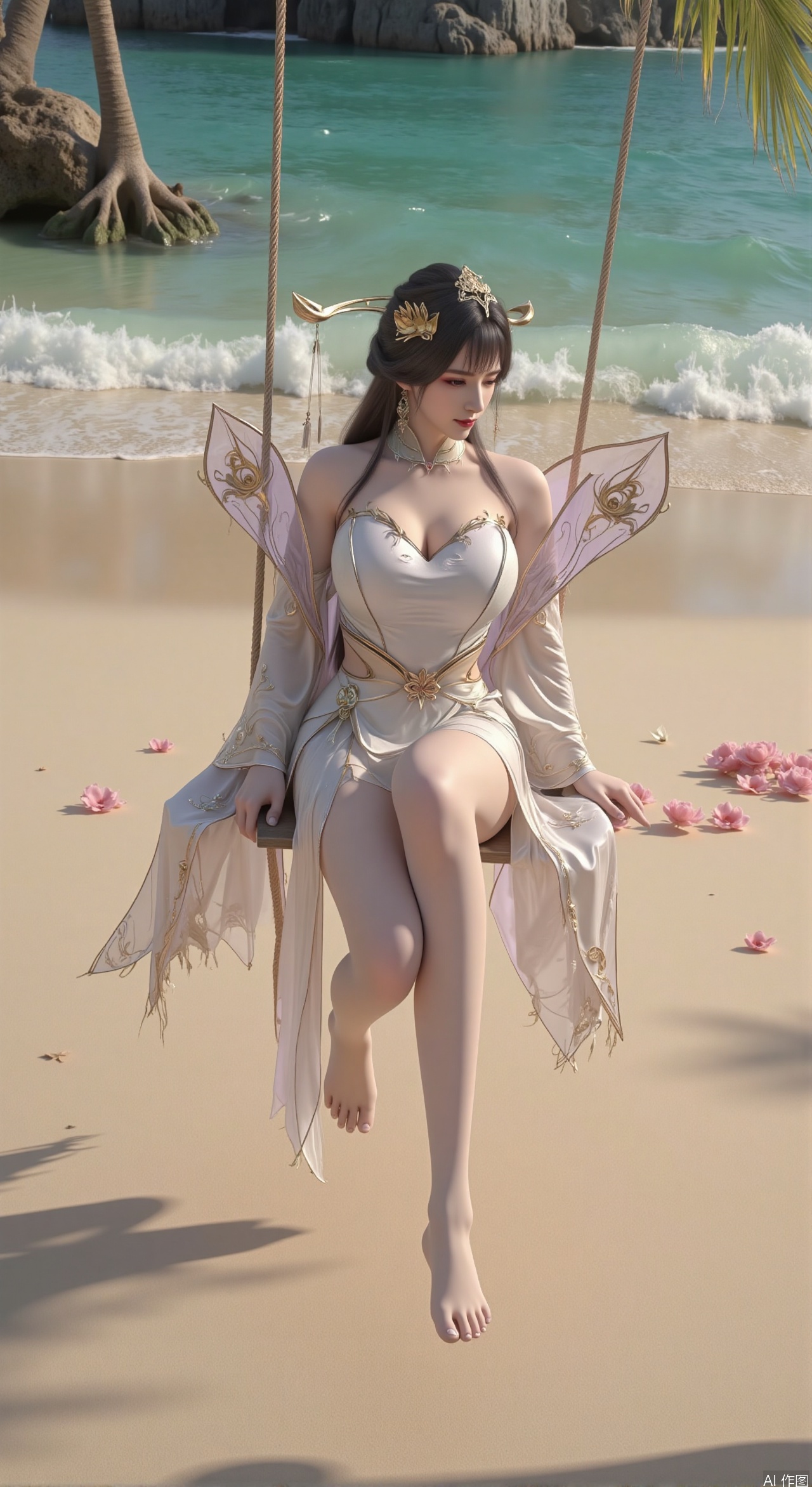  SFW,(masterpiece:1.2),best quality,absurdres,masterpiece,original,extremely detailed wallpaper,perfect lighting,Golden sandy beach covered with vibrant flowers, turquoise waves gently lapping the shore, elegant woman in embroidered qipao swinging on a wooden swing under coconut trees, bright flower clusters spreading from sand to palm tree roots, soft natural light filtering through coconut leaves, ocean breeze lifting hair and qipao hem, high-resolution details showcasing petal textures and silk fabric sheen, ultra-wide angle lens capturing coastline panorama, cinematic color grading with soft focus on the central figure,(huge breasts:2.99),(full breasts:2.99),Xzhihua,Xsiyouyou,Xyanruyu,Xmoxiaonan,Xyeqingxian