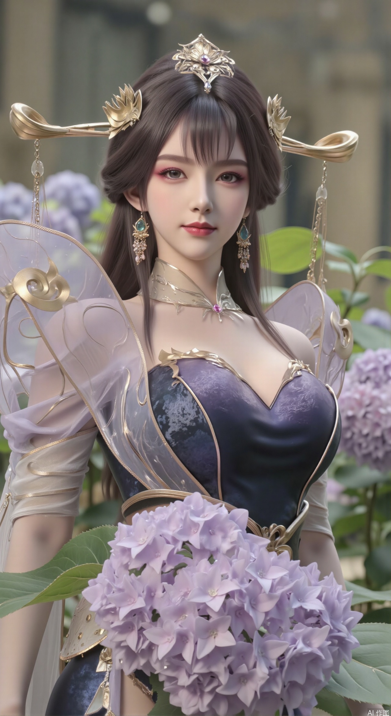  SFW,(masterpiece:1.2),best quality,absurdres,masterpiece,original,extremely detailed wallpaper,perfect lighting,1girl,solo,looking at viewer,(cowboy_shot:1.3),long hair,high heels,blurry background,depth of field,motion blur,(long dress:1.23),china_dress,chinese_style,bare shouders,crystal_earrings,headpiece,hair_tie,chest_jewel,gem,necklace,jewelry,in summer,day,outdoors,nature,garden,,(standing,Hydrangea, Hydrangea Field:1.59),(huge breasts:2.99),(full breasts:2.99),Xzhihua,Xsiyouyou,Xyanruyu,Xmoxiaonan,Xyeqingxian