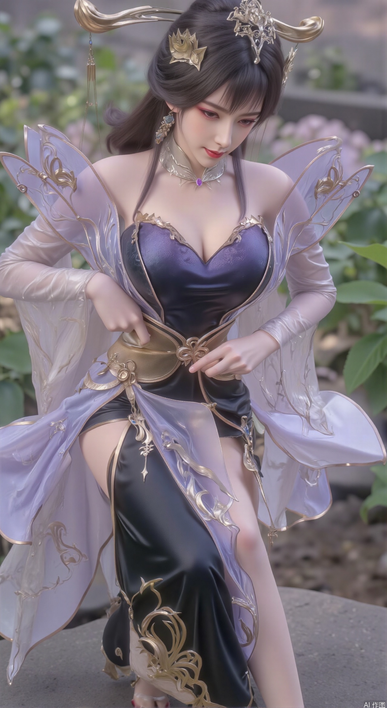  SFW,(masterpiece:1.2),best quality,absurdres,masterpiece,original,extremely detailed wallpaper,perfect lighting,1girl,solo,looking at viewer,(cowboy_shot:1.3),long hair,high heels,blurry background,depth of field,motion blur,(long dress:1.23),china_dress,chinese_style,bare shouders,crystal_earrings,headpiece,hair_tie,chest_jewel,gem,necklace,jewelry,in summer,day,outdoors,nature,garden,,(standing,Hydrangea, Hydrangea Field:1.59),(huge breasts:2.99),(full breasts:2.99),Xzhihua,Xsiyouyou,Xyanruyu,Xmoxiaonan,Xyeqingxian