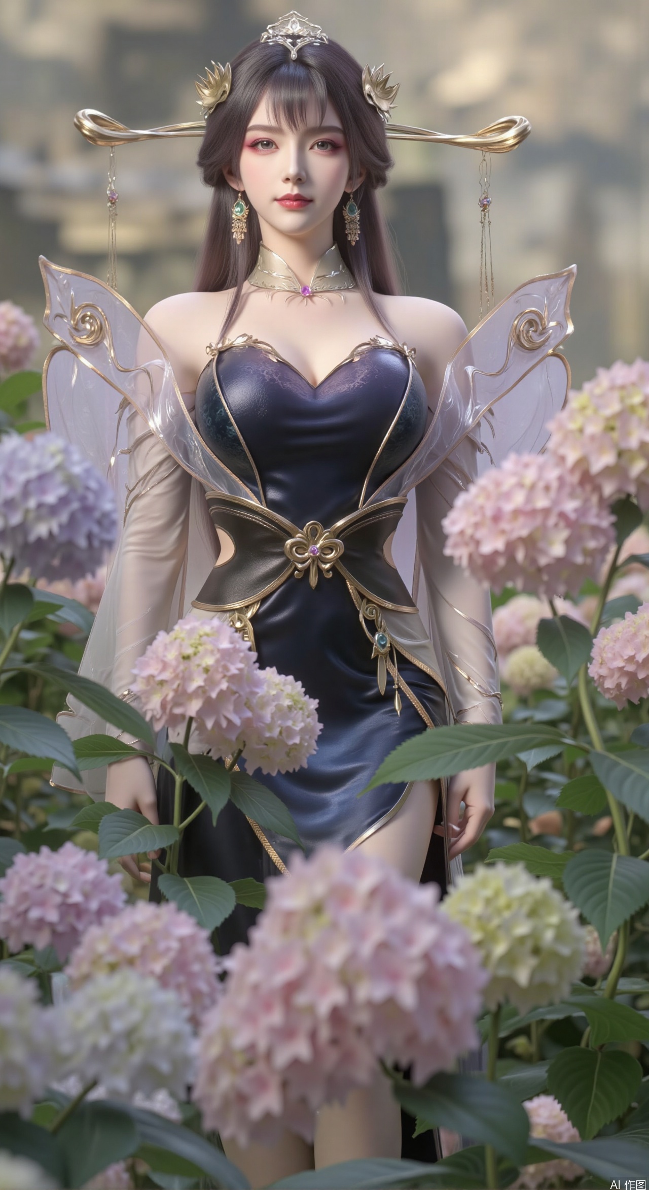  SFW,(masterpiece:1.2),best quality,absurdres,masterpiece,original,extremely detailed wallpaper,perfect lighting,1girl,solo,looking at viewer,(cowboy_shot:1.3),long hair,high heels,blurry background,depth of field,motion blur,(long dress:1.23),china_dress,chinese_style,bare shouders,crystal_earrings,headpiece,hair_tie,chest_jewel,gem,necklace,jewelry,in summer,day,outdoors,nature,garden,,(standing,Hydrangea, Hydrangea Field:1.59),(huge breasts:2.99),(full breasts:2.99),Xzhihua,Xsiyouyou,Xyanruyu,Xmoxiaonan,Xyeqingxian