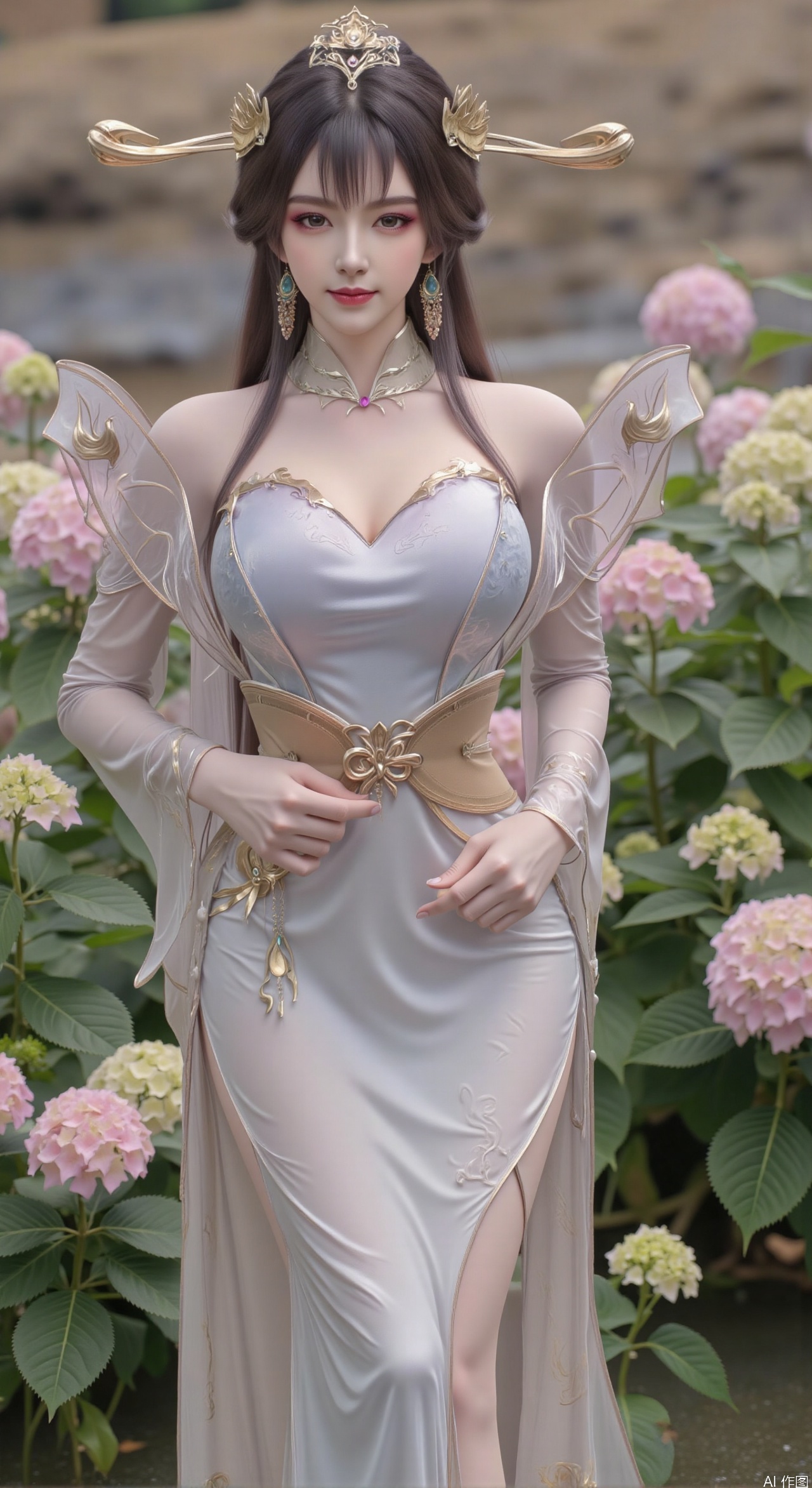  SFW,(masterpiece:1.2),best quality,absurdres,masterpiece,original,extremely detailed wallpaper,perfect lighting,1girl,solo,looking at viewer,(cowboy_shot:1.3),long hair,high heels,blurry background,depth of field,motion blur,(long dress:1.23),china_dress,chinese_style,bare shouders,crystal_earrings,headpiece,hair_tie,chest_jewel,gem,necklace,jewelry,in summer,day,outdoors,nature,garden,,(standing,Hydrangea, Hydrangea Field:1.59),(huge breasts:2.99),(full breasts:2.99),Xzhihua,Xsiyouyou,Xyanruyu,Xmoxiaonan,Xyeqingxian