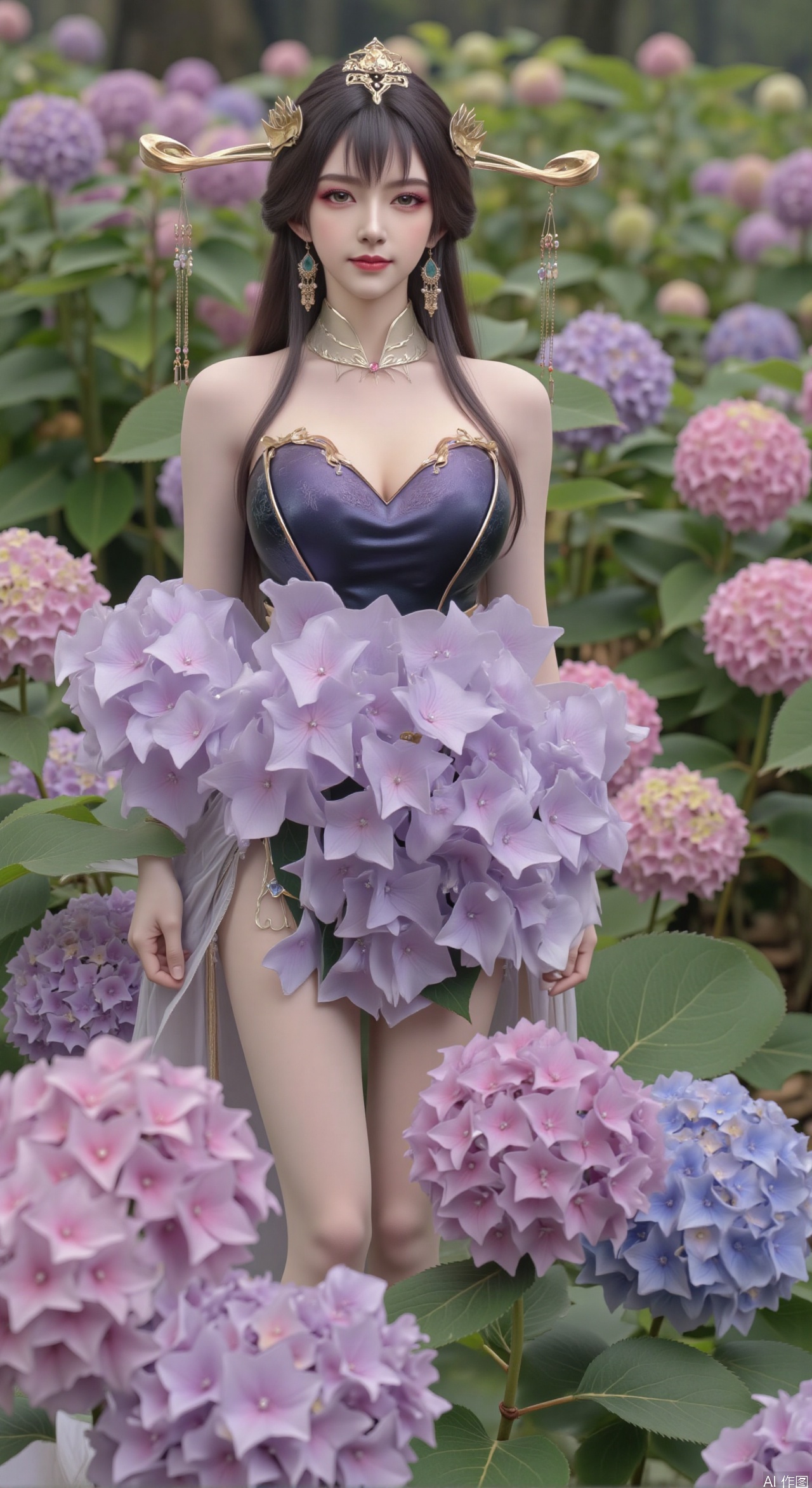  SFW,(masterpiece:1.2),best quality,absurdres,masterpiece,original,extremely detailed wallpaper,perfect lighting,1girl,solo,looking at viewer,(cowboy_shot:1.3),long hair,high heels,blurry background,depth of field,motion blur,(long dress:1.23),china_dress,chinese_style,bare shouders,crystal_earrings,headpiece,hair_tie,chest_jewel,gem,necklace,jewelry,in summer,day,outdoors,nature,garden,,(standing,Hydrangea, Hydrangea Field:1.59),(huge breasts:2.99),(full breasts:2.99),Xzhihua,Xsiyouyou,Xyanruyu,Xmoxiaonan,Xyeqingxian