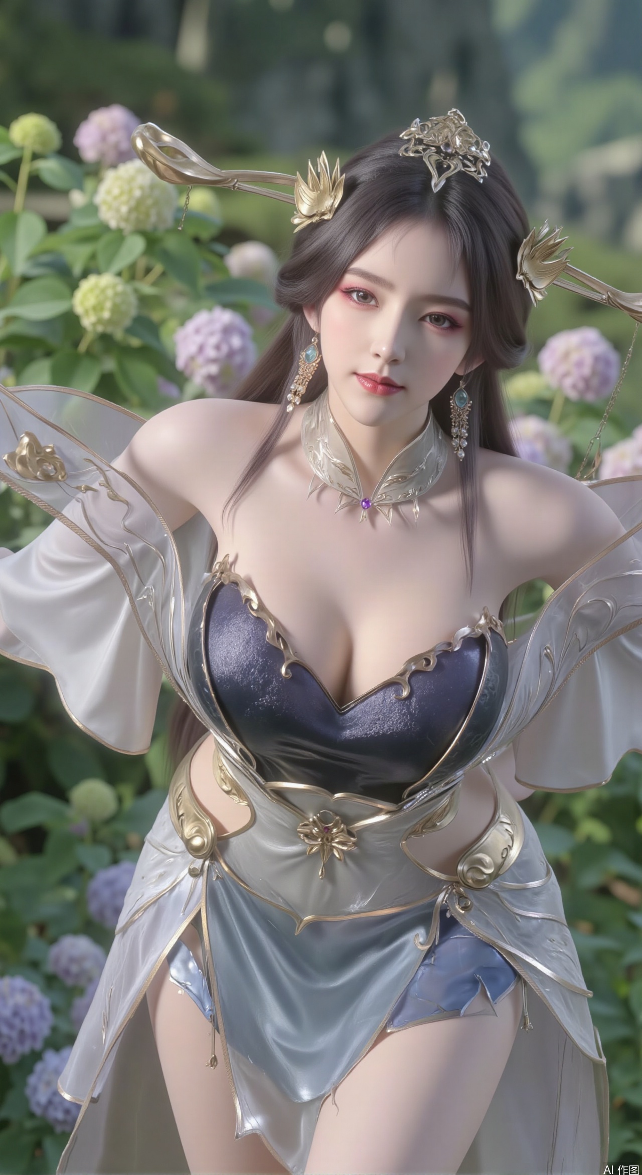  SFW,(masterpiece:1.2),best quality,absurdres,masterpiece,original,extremely detailed wallpaper,perfect lighting,1girl,solo,looking at viewer,(cowboy_shot:1.3),long hair,high heels,blurry background,depth of field,motion blur,(long dress:1.23),china_dress,chinese_style,bare shouders,crystal_earrings,headpiece,hair_tie,chest_jewel,gem,necklace,jewelry,in summer,day,outdoors,nature,garden,,(standing,Hydrangea, Hydrangea Field:1.59),(huge breasts:2.99),(full breasts:2.99),Xzhihua,Xsiyouyou,Xyanruyu,Xmoxiaonan,Xyeqingxian