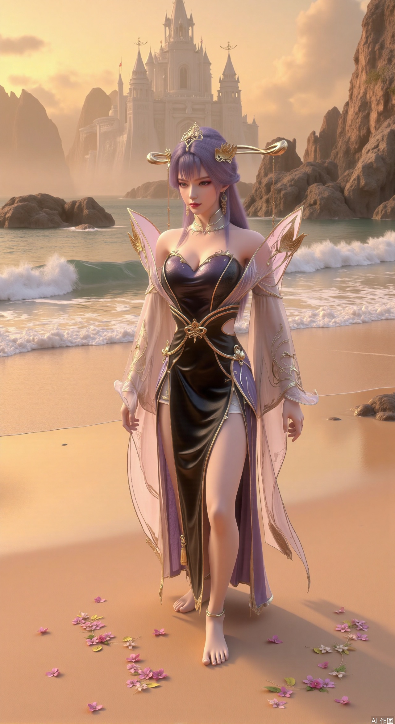  SFW,(masterpiece:1.2),best quality,3d anime style, cg,absurdres,masterpiece,original,extremely detailed wallpaper,perfect lighting,official art, A young woman in embroidered qipao standing barefoot on golden sandy beach, colorful flowers around feet, ocean waves washing over feet, white medieval castle with pointed towers resembling Neuschwanstein Castle perched on steep cliff in background, golden sunset rays piercing through clouds, ultra-wide angle composition with detailed foreground sand textures, dynamic mid-shot of figure interacting with waves, three-dimensional castle structure in background, high saturation colors, 8K resolution, precise depth of field control, HDR lighting, surreal elements blended with photorealistic details, realistic water reflections, intricate silk fabric texture, castle floating in mist atmosphere,(huge breasts:2.99),(full breasts:2.99),Xhenge,Xshisanyi