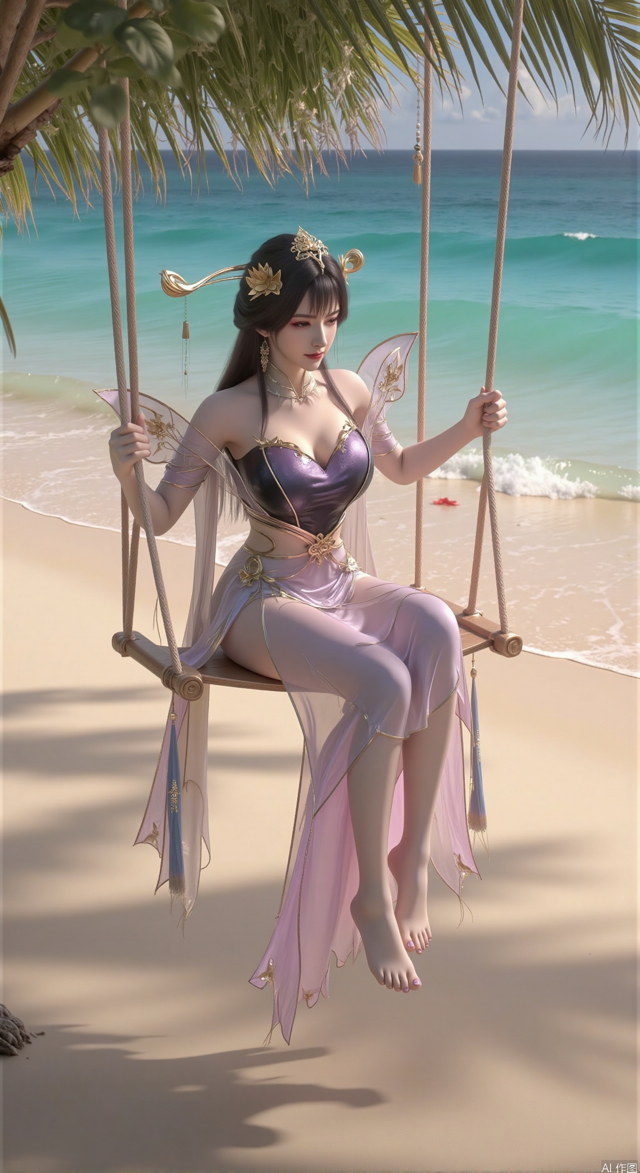  SFW,(masterpiece:1.2),best quality,absurdres,masterpiece,original,extremely detailed wallpaper,perfect lighting,Golden sandy beach covered with vibrant flowers, turquoise waves gently lapping the shore, elegant woman in embroidered qipao swinging on a wooden swing under coconut trees, bright flower clusters spreading from sand to palm tree roots, soft natural light filtering through coconut leaves, ocean breeze lifting hair and qipao hem, high-resolution details showcasing petal textures and silk fabric sheen, ultra-wide angle lens capturing coastline panorama, cinematic color grading with soft focus on the central figure,(huge breasts:2.99),(full breasts:2.99),Xzhihua,Xsiyouyou,Xyanruyu,Xmoxiaonan,Xyeqingxian