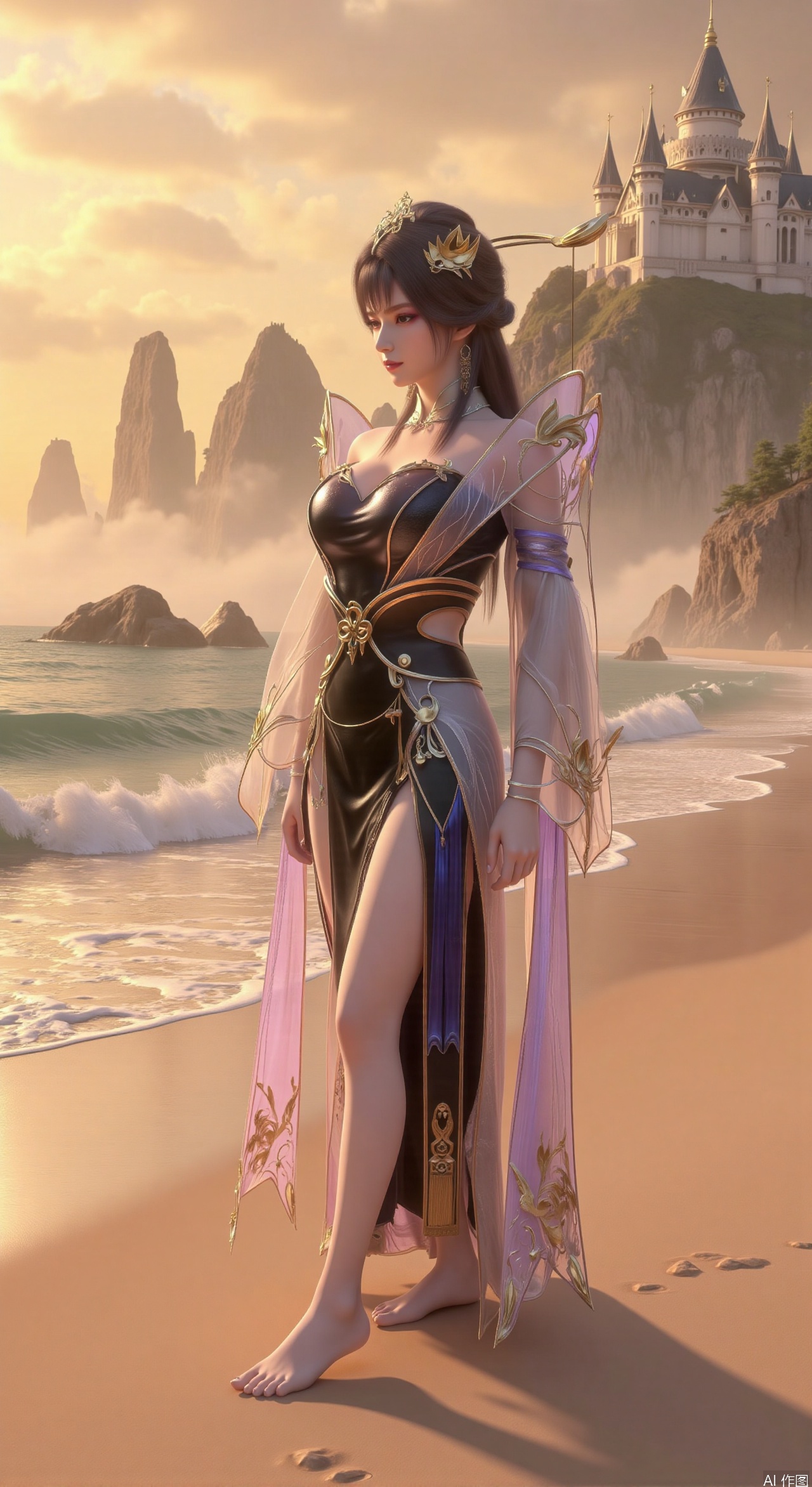  SFW,(masterpiece:1.2),best quality,3d anime style, cg,absurdres,masterpiece,original,extremely detailed wallpaper,perfect lighting,official art, A young woman in embroidered qipao standing barefoot on golden sandy beach, colorful flowers around feet, ocean waves washing over feet, white medieval castle with pointed towers resembling Neuschwanstein Castle perched on steep cliff in background, golden sunset rays piercing through clouds, ultra-wide angle composition with detailed foreground sand textures, dynamic mid-shot of figure interacting with waves, three-dimensional castle structure in background, high saturation colors, 8K resolution, precise depth of field control, HDR lighting, surreal elements blended with photorealistic details, realistic water reflections, intricate silk fabric texture, castle floating in mist atmosphere,(huge breasts:2.99),(full breasts:2.99),Xhenge,Xshisanyi