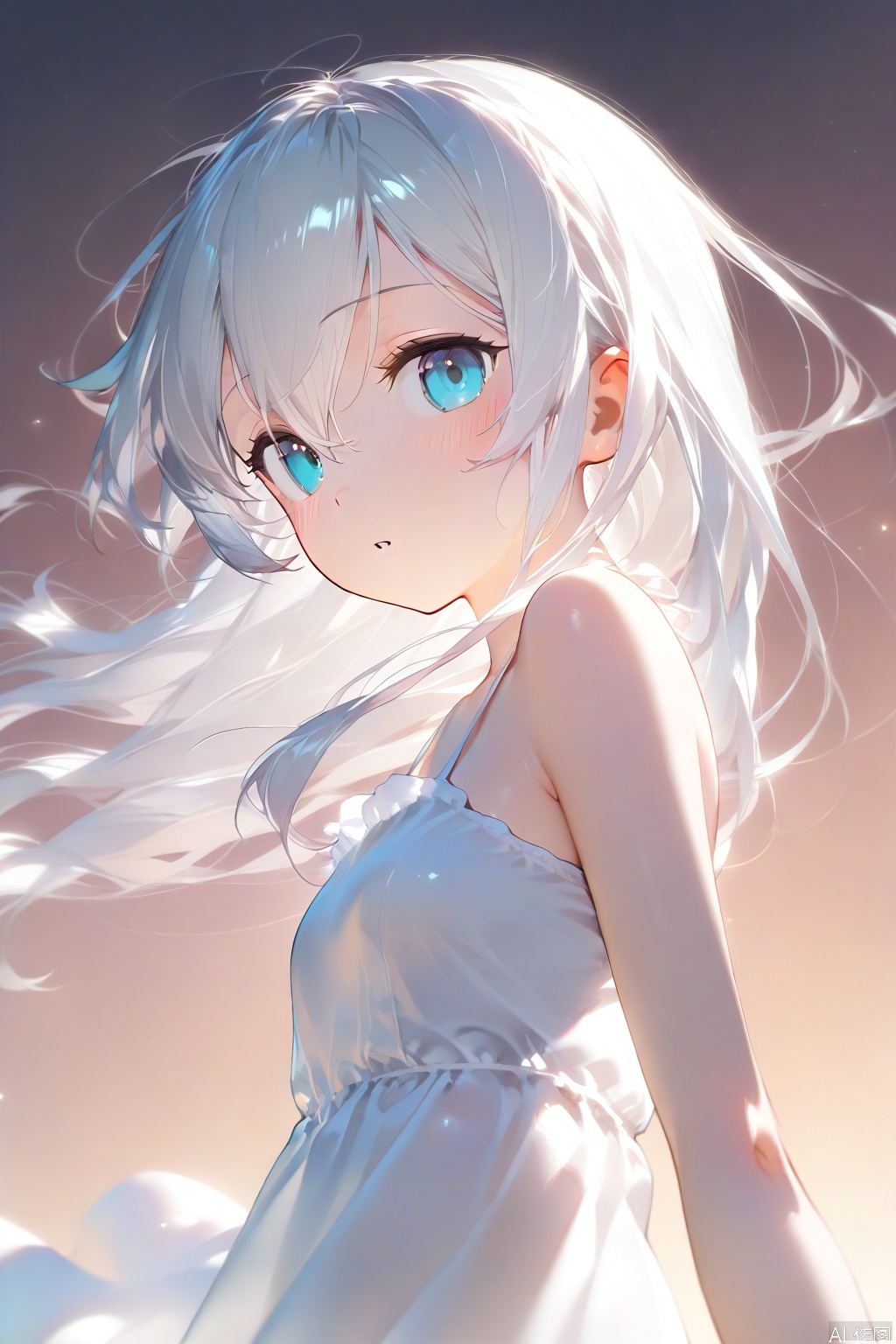 1girl, solo, long hair, breasts, looking at viewer, blush, bangs, blue eyes, dress, hair between eyes, bare shoulders, white hair, small breasts, parted lips, sleeveless, white dress, from side, bare arms, sleeveless dress, wind, hibiki \(kancolle\)