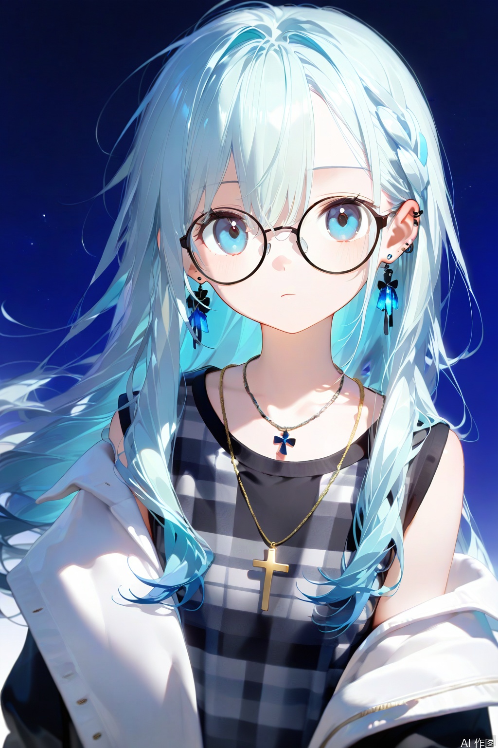 shirt, cross, solo, braid, jewelry, necklace, plaid shirt, cross necklace, blue background, 1girl, black shirt, long hair, glasses, ear piercing, piercing, jacket, plaid, upper body, closed mouth, looking at viewer, simple background, sparkle, expressionless, jacket partially removed, blue eyes, single braid, blue hair, earrings, black jacket, hair between eyes, off shoulder, collarbone, round eyewear, light blue background, long sleeves, black-framed eyewear, open clothes, latin cross, frown