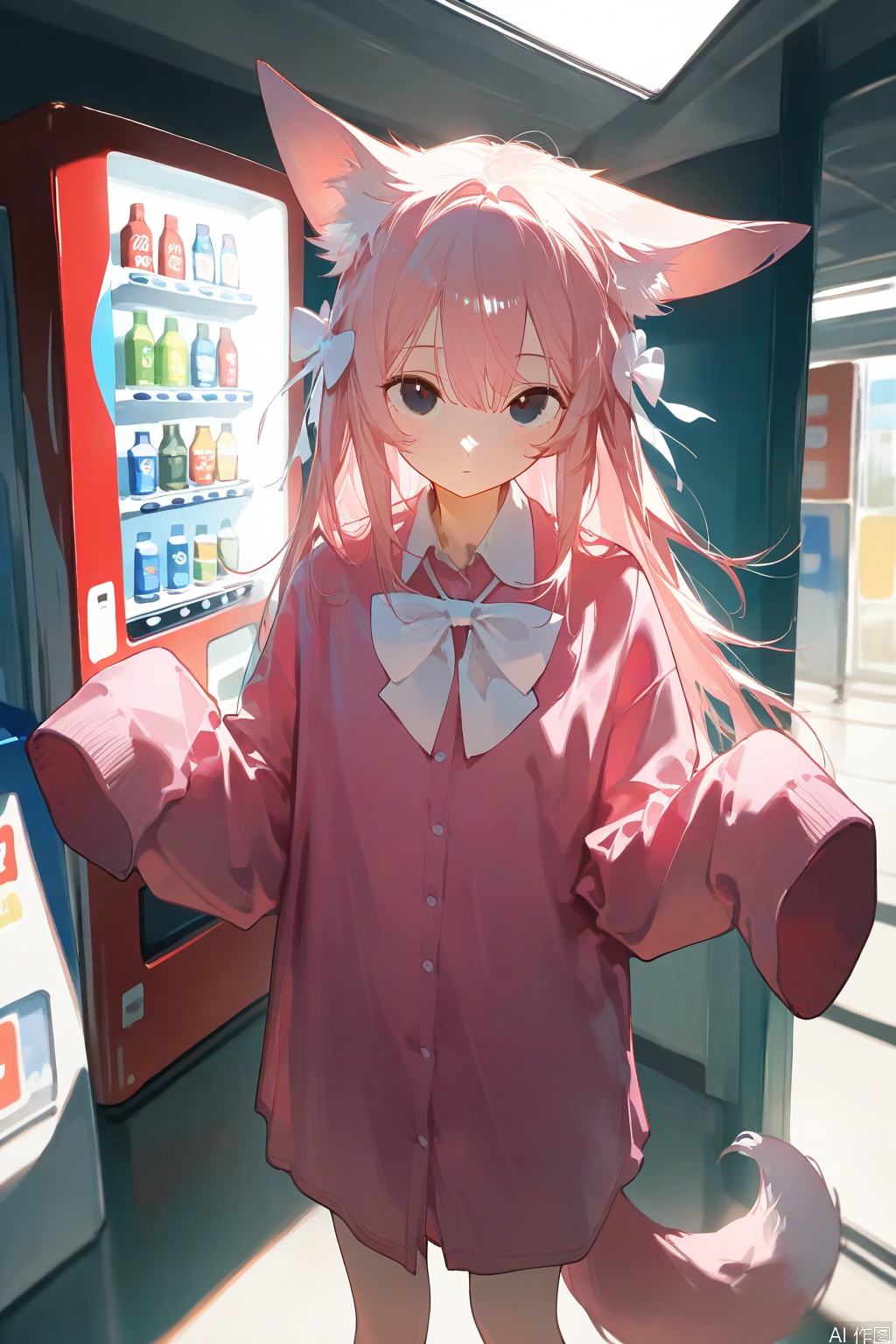 masterpiece, best quality, doremifaso64, 1girl, solo, looking at viewer, shirt, long sleeves, bow, animal ears, standing, tail, pink hair, indoors, bowtie, black eyes, sleeves past wrists, feet out of frame, white bow, sleeves past fingers, pink shirt, oversized clothes, vending machine,sketch,