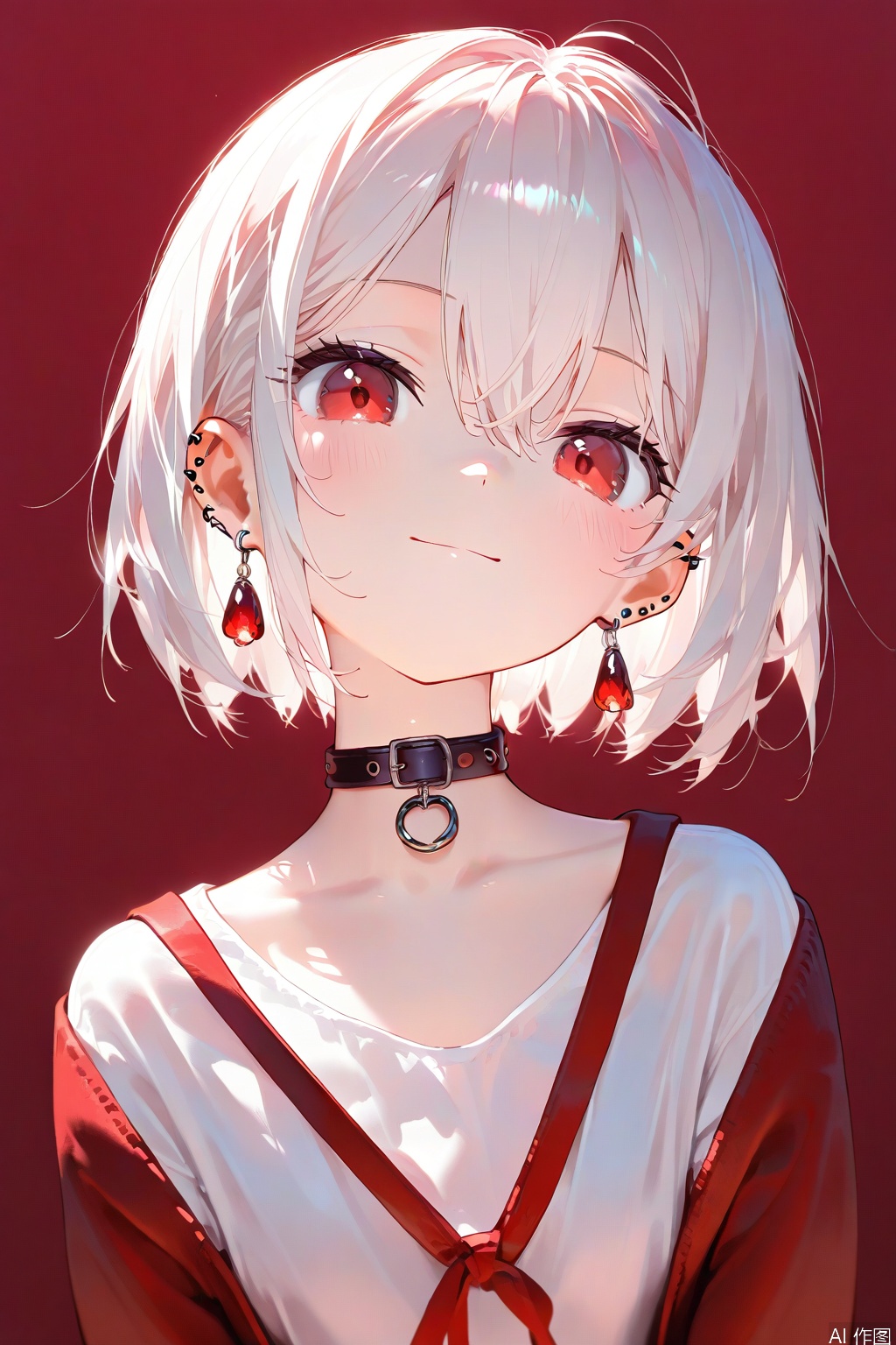1girl,solo,red background,red eyes,earrings,jewelry,white hair,simple background,looking at viewer,shirt,upper body,short hair,blush,smile,piercing,collar,ear piercing,choker,white shirt,hair between eyes,closed mouth,collarbone,head tilt,long sleeves,red theme,