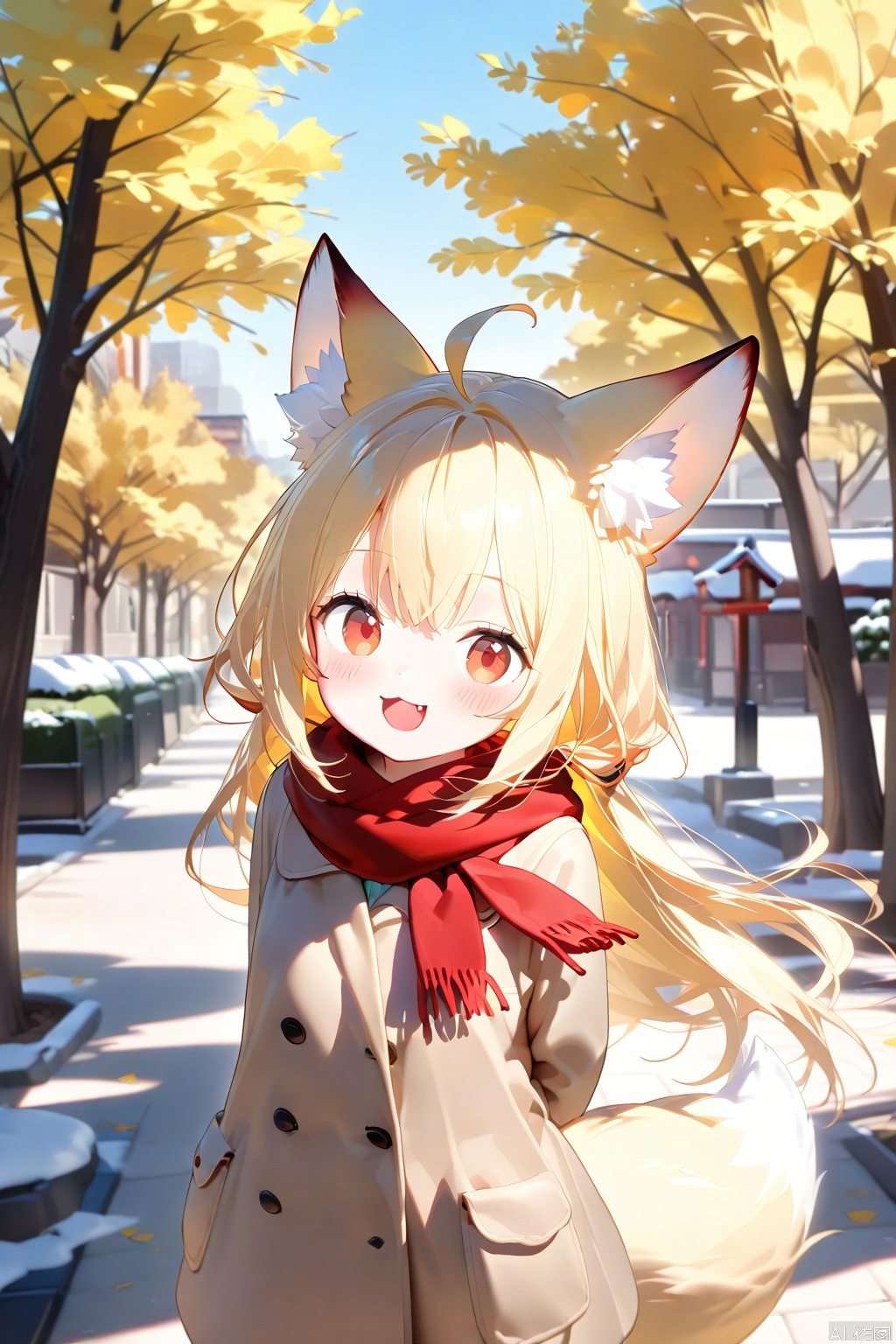 1girl, fox_tail, tail, animal_ears, fox_ears, fox_girl, long_hair, solo, blonde_hair, scarf, fang, open_mouth, animal_ear_fluff, looking_at_viewer, arms_behind_back, ahoge, :3, outdoors, smile, blush, red_scarf, tree, :d, day, coat