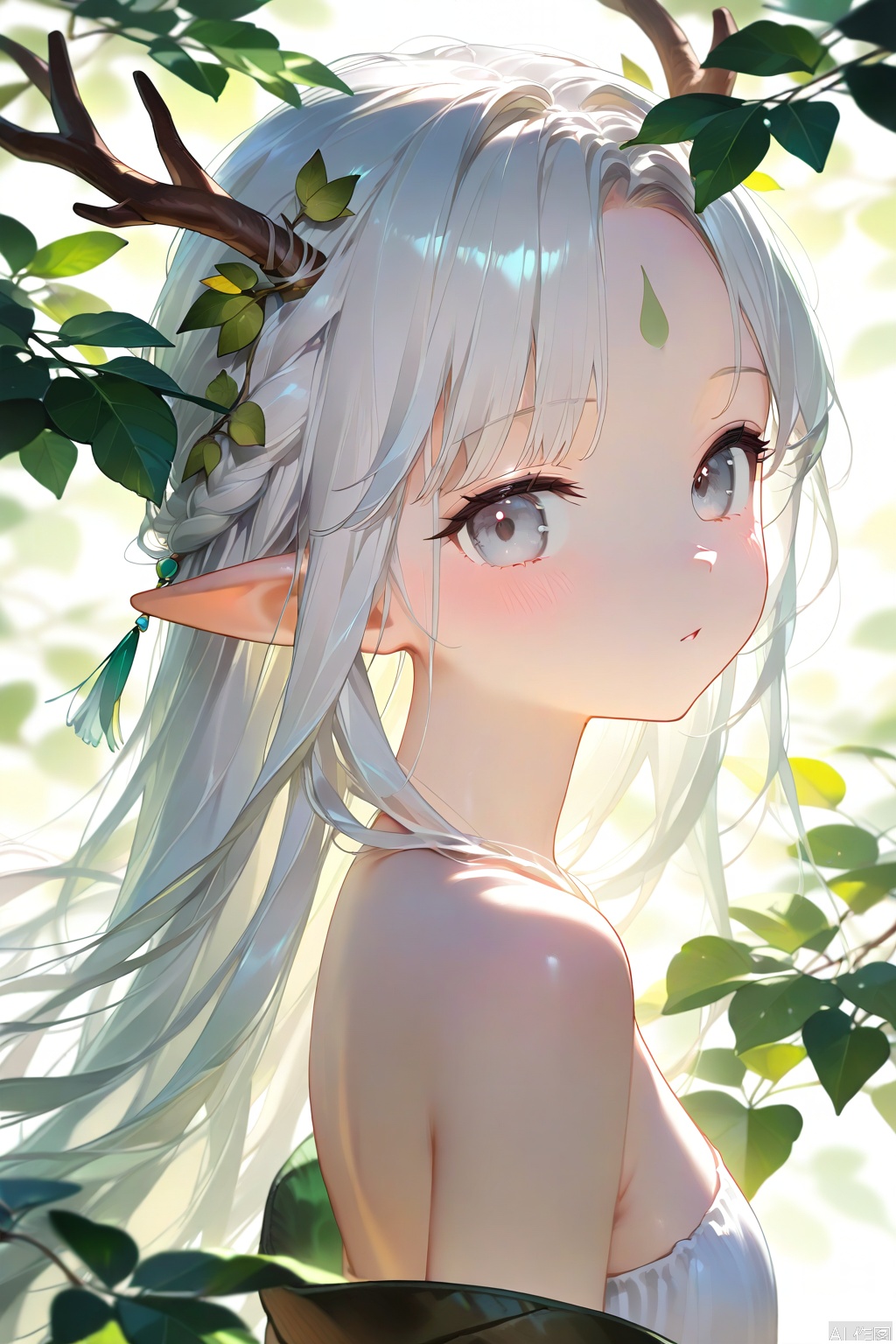 1girl,solo,long hair,looking at viewer,blush,bangs,bare shoulders,upper body,braid,white hair,pointy ears,off shoulder,from side,looking to the side,grey eyes,leaf,facial mark,elf,forehead mark,antlers,