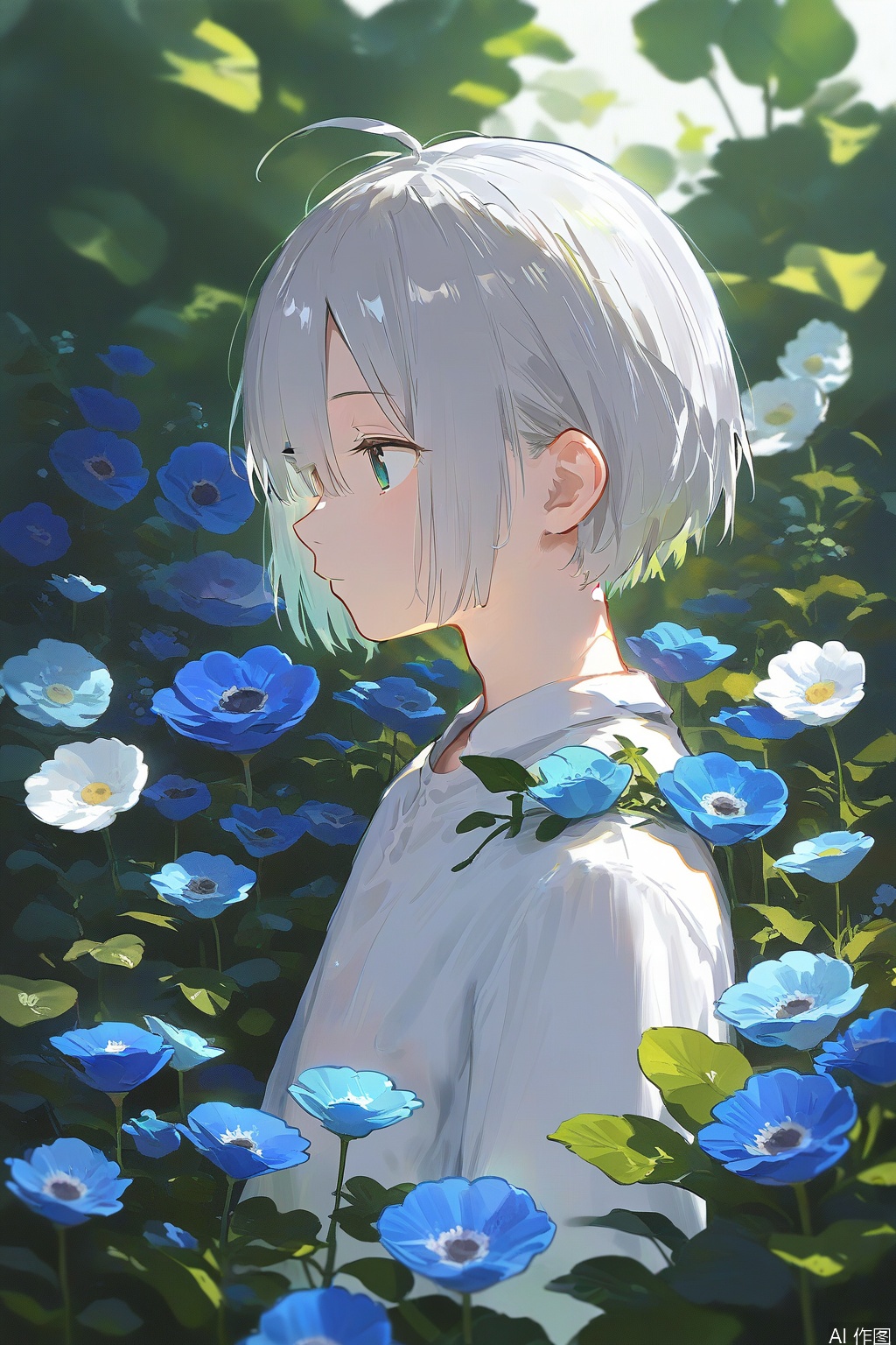solo, short hair, shirt, 1boy, closed mouth, green eyes, white shirt, upper body, flower, ahoge, white hair, grey hair, male focus, hair over one eye, from side, book, profile, plant, blue flower