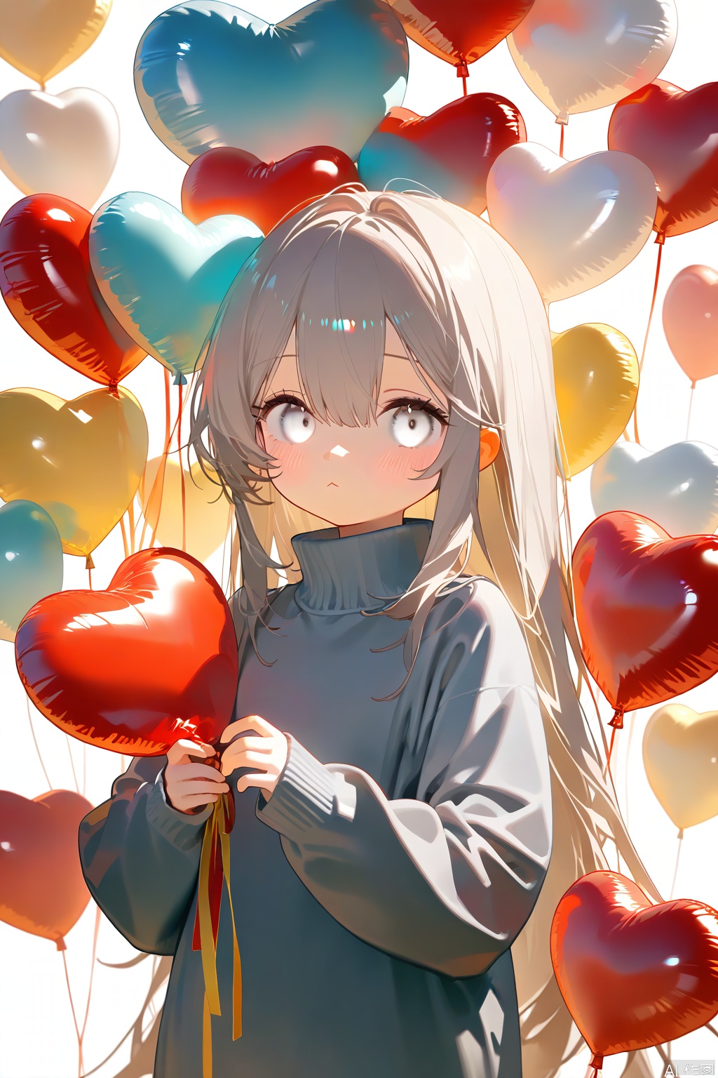  1girl,solo,long hair,looking at viewer,blush,bangs,long sleeves,holding,hair between eyes,very long hair,closed mouth,grey hair,sweater,sleeves past wrists,turtleneck,:<,balloon,white eyes,grey sweater,holding balloon,
