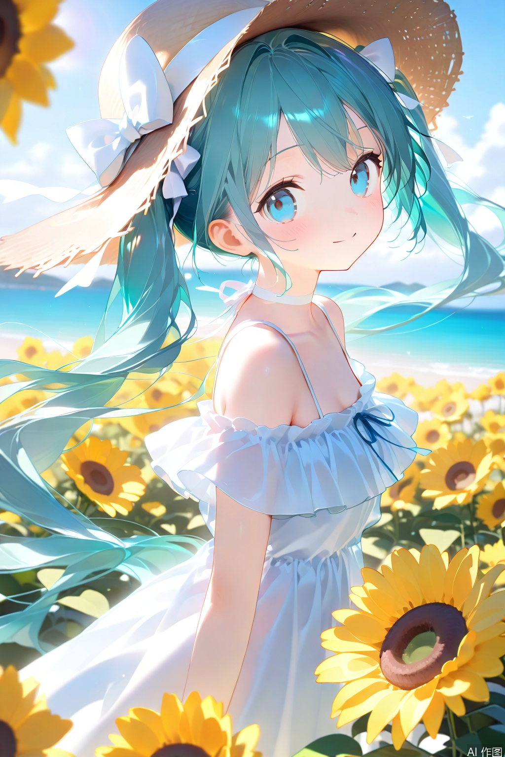 1girl, bangs, bare_shoulders, blue_eyes, brown_headwear, closed_mouth, dress, from_side, hat, hat_bow, hat_ribbon, hatsune_miku, long_hair, looking_at_viewer, off_shoulder, ribbon, smile, solo, straw_hat, sun_hat, very_long_hair, water, white_dress, white_ribbon