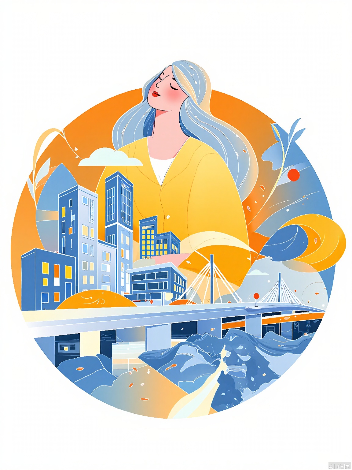 XSYY, A digital illustration featuring a stylized woman with long, flowing hair, wearing a yellow dress, sitting in a circular, futuristic cityscape. The cityscape includes tall buildings, bridges, and a river with a bridge, all rendered in a vibrant, abstract style with a gradient background transitioning from orange to blue. The woman has a serene expression, and the entire composition is balanced and harmonious. The art style is reminiscent of contemporary digital art with a playful, almost cartoonish aesthetic.