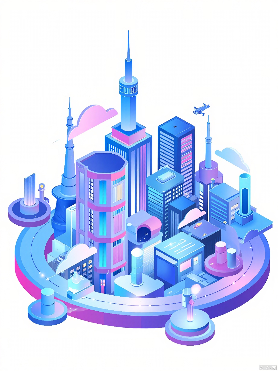 XSYY, A vibrant, futuristic cityscape illustration featuring tall, blue and purple skyscrapers with rounded edges, a winding highway, and a lighthouse in the background. The buildings have a sleek, modern design with reflective surfaces and geometric shapes. The sky is filled with soft, glowing clouds, and there are flying vehicles and drones zipping around. The color palette is dominated by shades of blue, purple, and white, creating a cool, otherworldly atmosphere. The overall style is clean and polished, with a focus on futuristic urban architecture and advanced transportation.