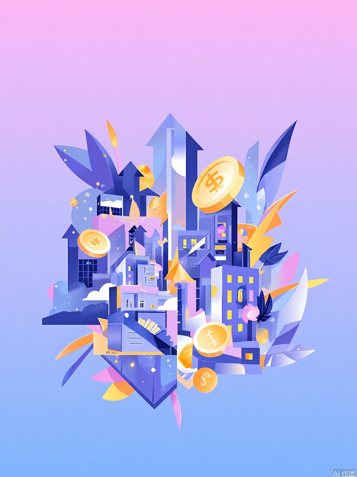 XSYY, A vibrant, abstract digital artwork featuring a mix of geometric shapes and symbols, including gold coins, dollar signs, arrows, and buildings, all set against a gradient background transitioning from pink to blue. The colors are predominantly shades of blue, purple, and gold, creating a dynamic and energetic feel. The shapes overlap and intersect in a complex, layered composition, giving the impression of depth and movement. The style is modern and minimalist, with a focus on bold, contrasting colors and clean lines.