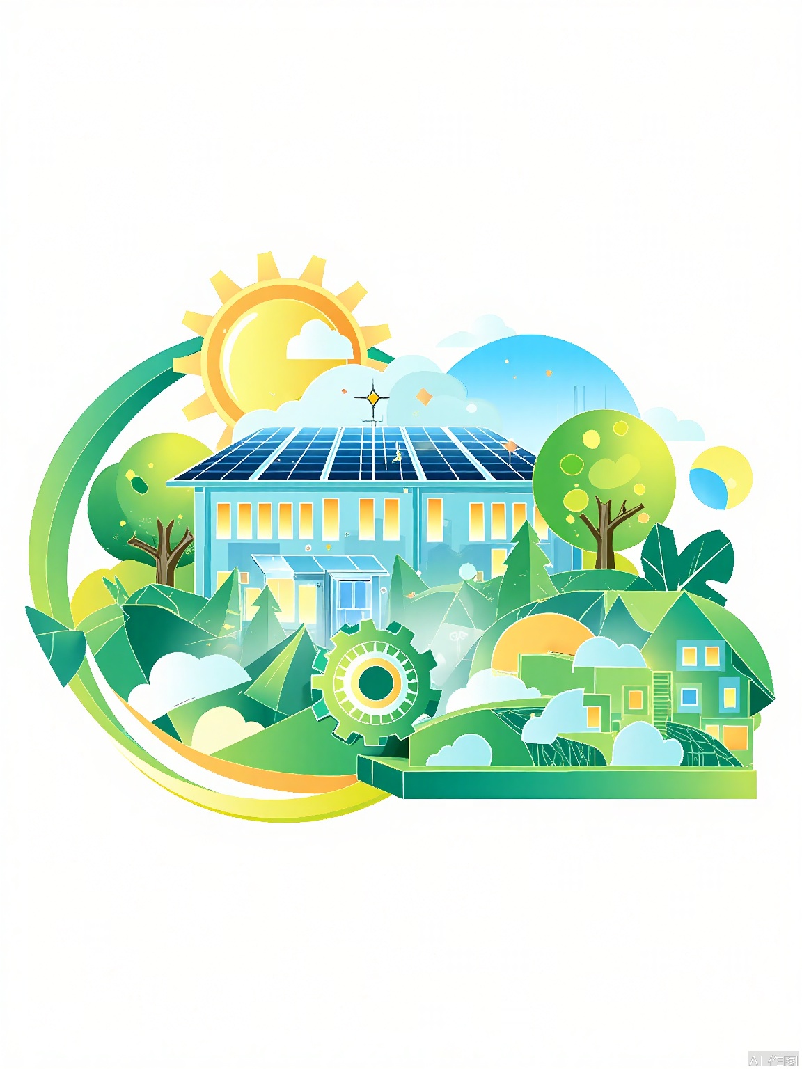 XSYY, Digital illustration of a futuristic, eco-friendly cityscape. Central building with solar panels on the roof, surrounded by greenery. Large, stylized gear in the foreground, symbolizing technology and innovation. Background features a gradient from green to blue, representing a sustainable environment. Sun and moon in the sky, with clouds and a tree. Geometric shapes and bright colors dominate the design. Clean, modern aesthetic.