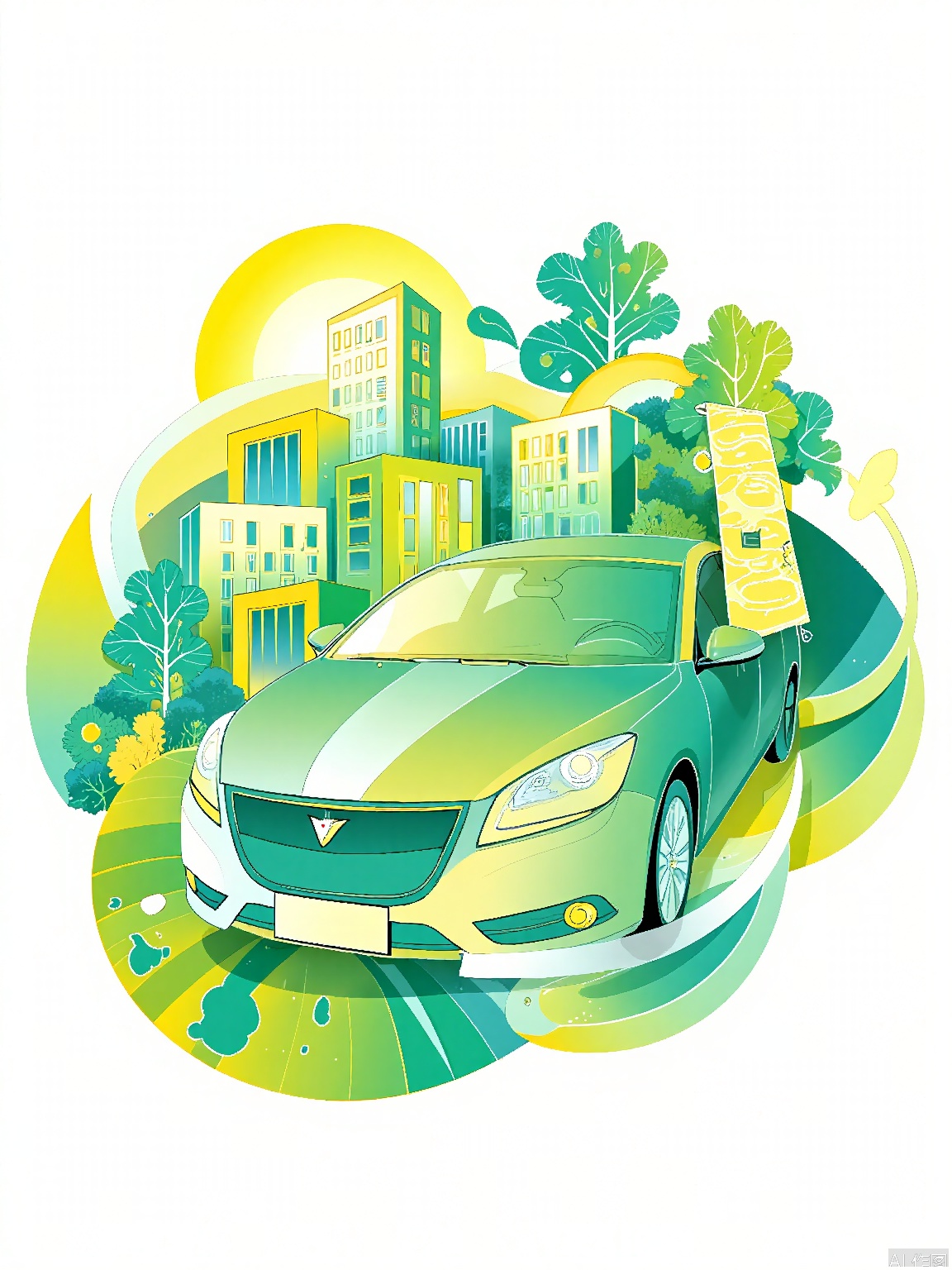 XSYY, A vibrant, abstract illustration featuring a sleek, green car with a futuristic design. The car is parked in front of a stylized cityscape with geometric buildings, trees, and a bright, gradient sky transitioning from yellow to green. The background is filled with various shapes and patterns, giving a sense of a modern, tech-savvy environment. The car's design is sleek and aerodynamic, with a prominent front grille and sharp, angular lines. The overall color palette is bright and energetic, with a mix of greens, yellows, and blues. The style is reminiscent of a digital illustration with a clean, modern aesthetic.