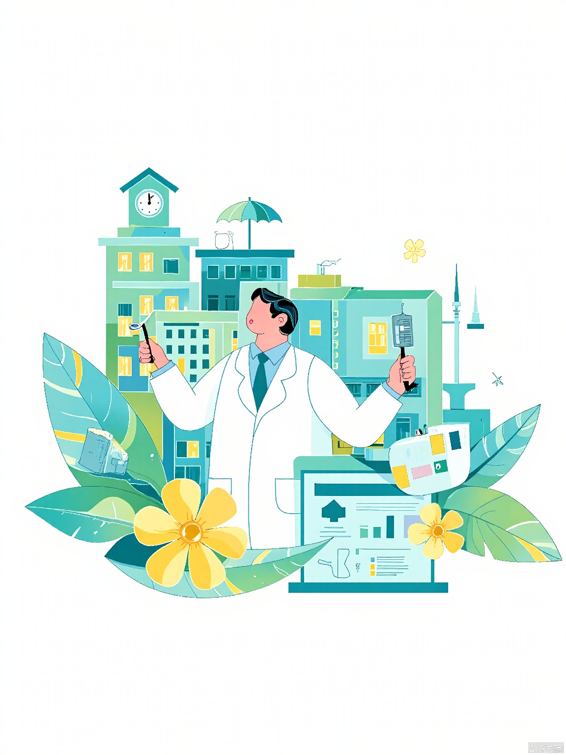 XSYY, A vibrant digital illustration featuring a doctor in a white lab coat, holding a stethoscope, standing in front of a large, stylized hospital building with green and blue accents. The background includes a large, yellow flower, a clock, and a green umbrella. The doctor is surrounded by small, colorful medical icons, including a syringe, a pill bottle, and a medical chart. The overall style is clean and modern with a playful, cartoonish aesthetic.