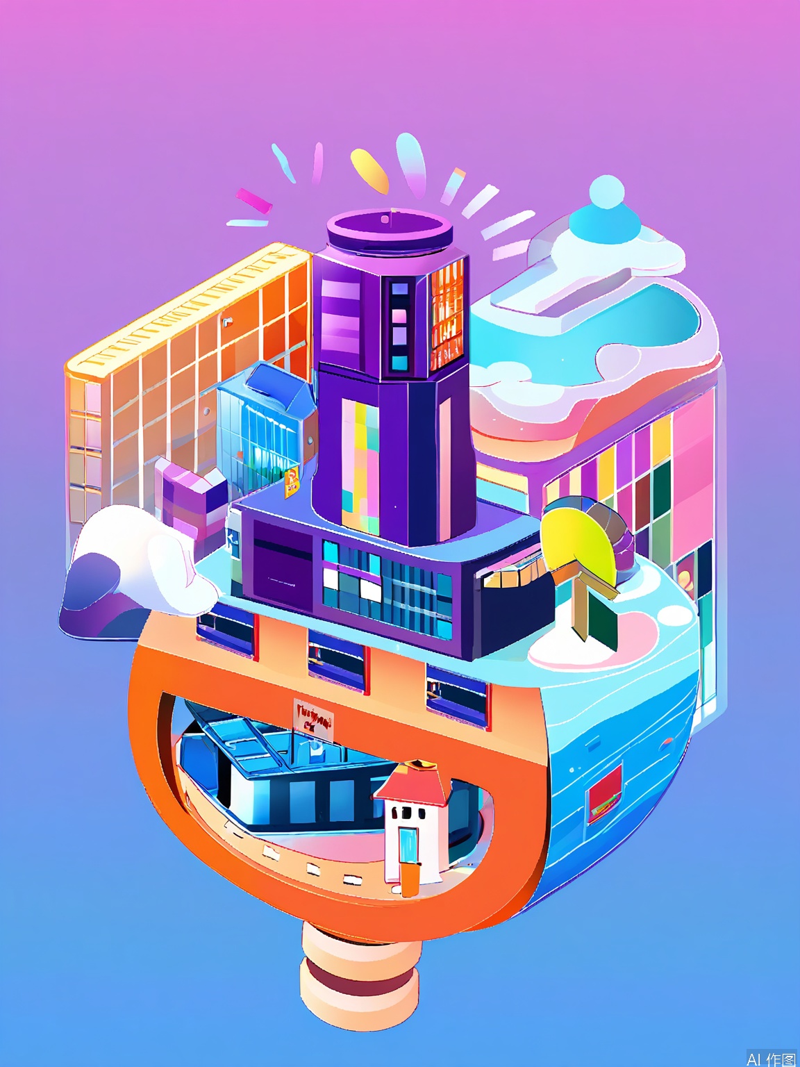 XSYY, A vibrant, futuristic cityscape illustration featuring tall, blue and purple skyscrapers with rounded edges, a winding highway, and a lighthouse in the background. The buildings have a sleek, modern design with reflective surfaces and geometric shapes. The sky is filled with soft, glowing clouds, and there are flying vehicles and drones zipping around. The color palette is dominated by shades of blue, purple, and white, creating a cool, otherworldly atmosphere. The overall style is clean and polished, with a focus on futuristic urban architecture and advanced transportation.