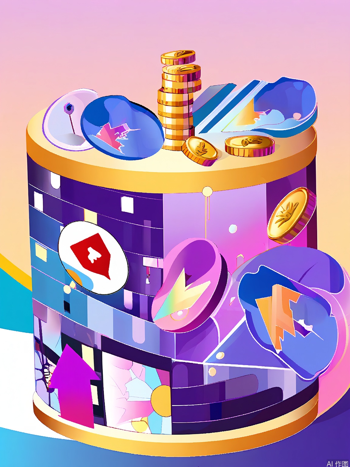 XSYY, A vibrant, abstract digital artwork featuring a mix of geometric shapes and symbols, including gold coins, dollar signs, arrows, and buildings, all set against a gradient background transitioning from pink to blue. The colors are predominantly shades of blue, purple, and gold, creating a dynamic and energetic feel. The shapes overlap and intersect in a complex, layered composition, giving the impression of depth and movement. The style is modern and minimalist, with a focus on bold, contrasting colors and clean lines.