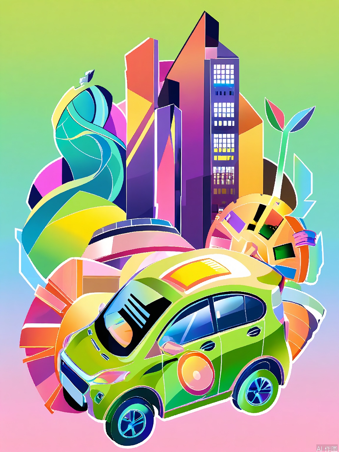 XSYY, A vibrant, abstract illustration featuring a sleek, green car with a futuristic design. The car is parked in front of a stylized cityscape with geometric buildings, trees, and a bright, gradient sky transitioning from yellow to green. The background is filled with various shapes and patterns, giving a sense of a modern, tech-savvy environment. The car's design is sleek and aerodynamic, with a prominent front grille and sharp, angular lines. The overall color palette is bright and energetic, with a mix of greens, yellows, and blues. The style is reminiscent of a digital illustration with a clean, modern aesthetic.