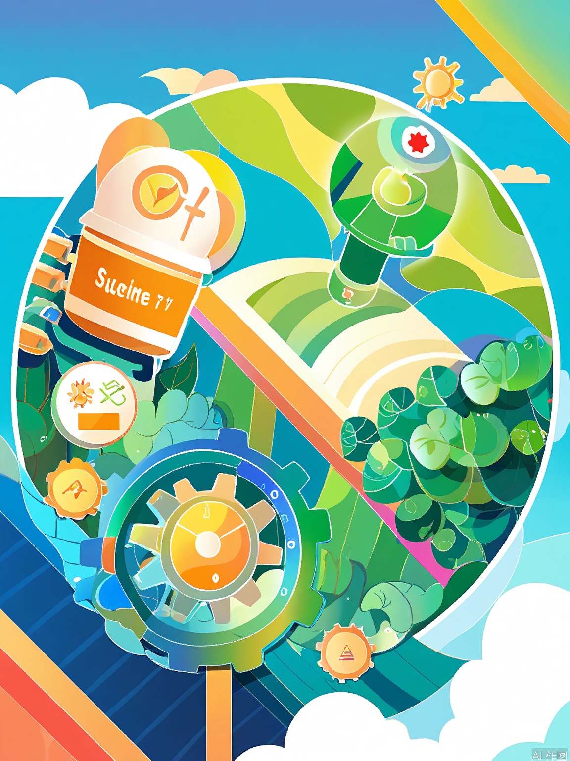 XSYY, Digital illustration of a futuristic, eco-friendly cityscape. Central building with solar panels on the roof, surrounded by greenery. Large, stylized gear in the foreground, symbolizing technology and innovation. Background features a gradient from green to blue, representing a sustainable environment. Sun and moon in the sky, with clouds and a tree. Geometric shapes and bright colors dominate the design. Clean, modern aesthetic.