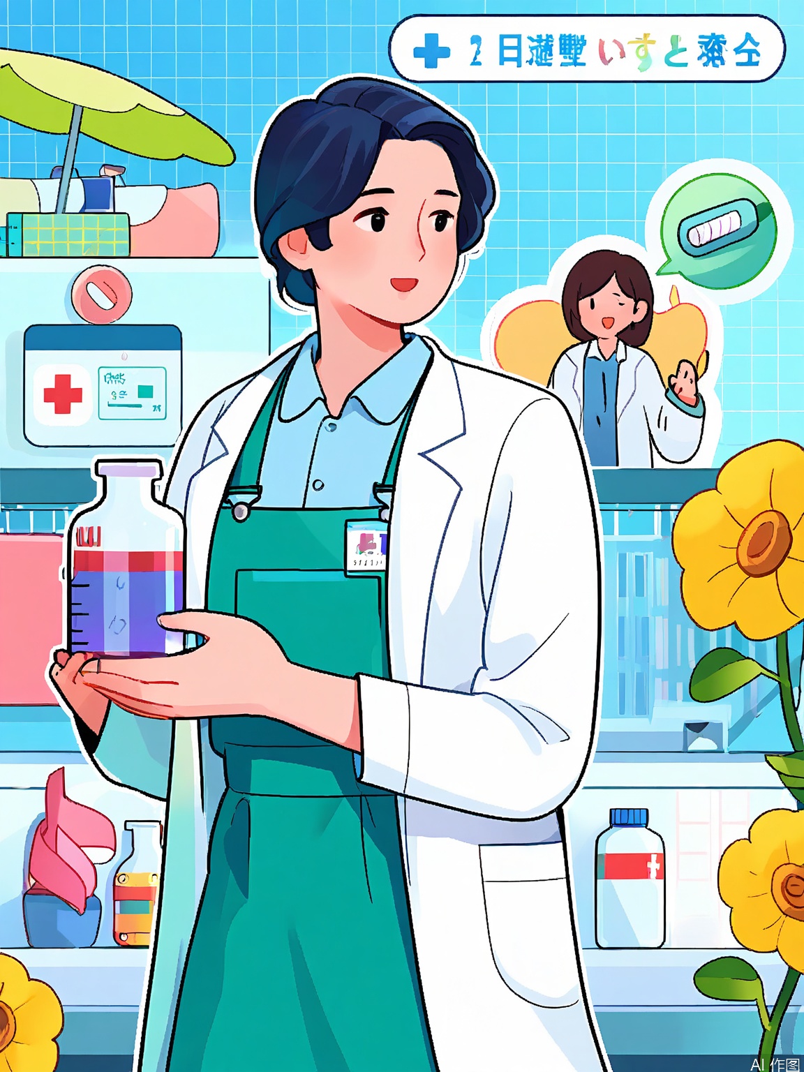 XSYY, A vibrant digital illustration featuring a doctor in a white lab coat, holding a stethoscope, standing in front of a large, stylized hospital building with green and blue accents. The background includes a large, yellow flower, a clock, and a green umbrella. The doctor is surrounded by small, colorful medical icons, including a syringe, a pill bottle, and a medical chart. The overall style is clean and modern with a playful, cartoonish aesthetic.