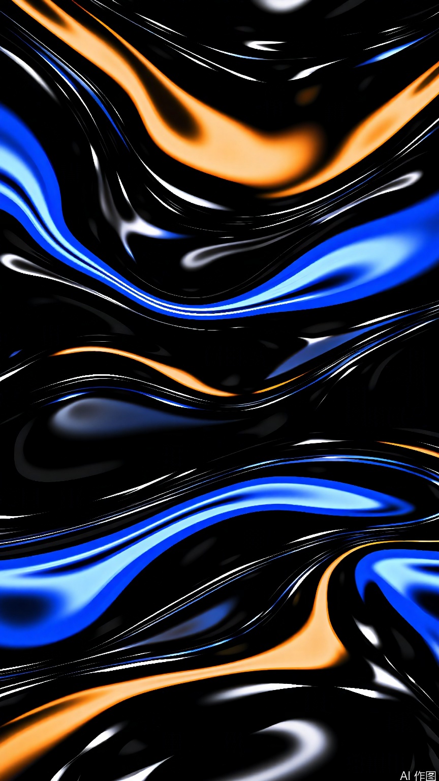 LTTX, A digital artwork featuring a mesmerizing abstract pattern with flowing, wavy lines. The color palette includes deep blacks, vibrant blues, and warm oranges, creating a dynamic interplay of light and shadow. The image has a glossy, liquid-like texture, reminiscent of molten metal or water. The composition is balanced and visually engaging, with the wavy lines appearing to ripple across the canvas. The style is reminiscent of digital art with a focus on smooth gradients and fluid motion. The overall effect is both soothing and energetic, making it a captivating piece.