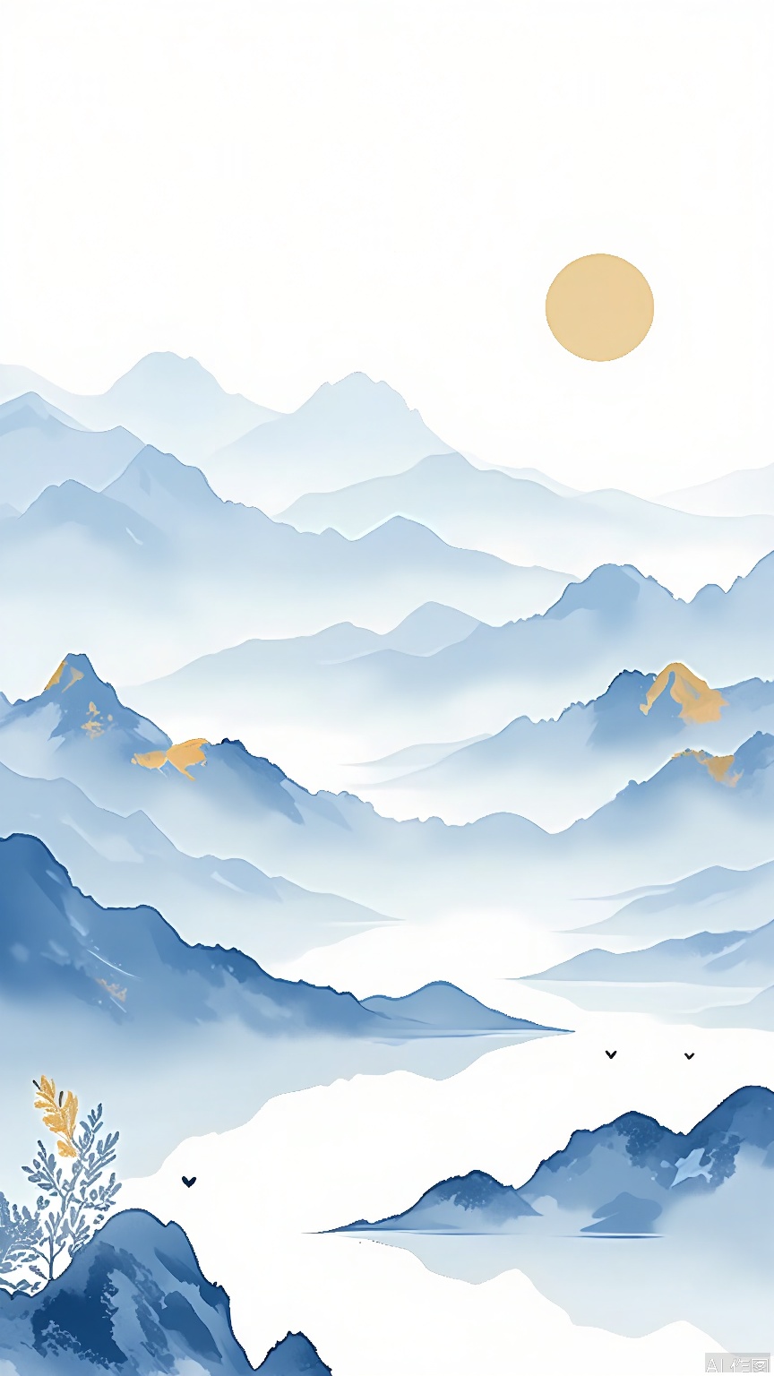GFSS, A serene landscape painting in watercolor style, featuring misty mountains and a tranquil river. The scene is bathed in soft, ethereal light, with a large, glowing sun in the upper right corner casting a warm hue over the scene. The mountains are covered in a light blue mist, with some peaks partially illuminated by the sun. The river winds through the valley, reflecting the light and creating a sense of calm. The overall color palette is cool blues and whites, with touches of warm yellow and gold. The artwork is delicate and dreamy, with a focus on natural beauty and tranquility.