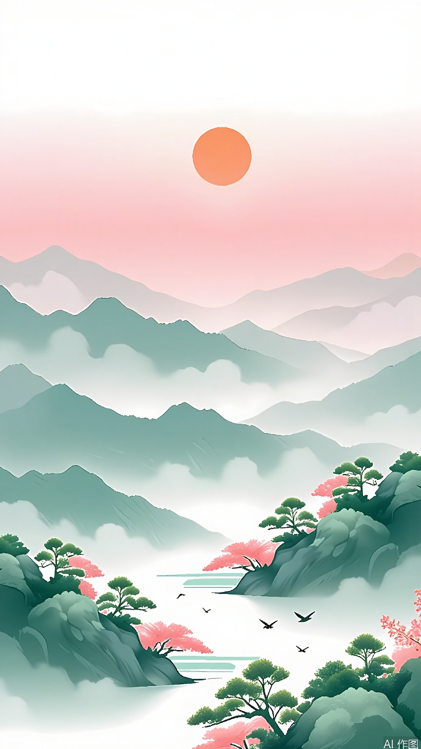 GFSS, Digital painting of a serene mountain landscape at sunrise or sunset, with a soft pink and orange gradient sky. A large, glowing sun is partially obscured by misty mountains in the background. The foreground features lush green pine trees with branches adorned with pink blossoms. A small stream or waterfall flows through the center of the image, surrounded by dense foliage. Birds are flying in the sky, adding a sense of motion and life. The overall atmosphere is tranquil and ethereal.