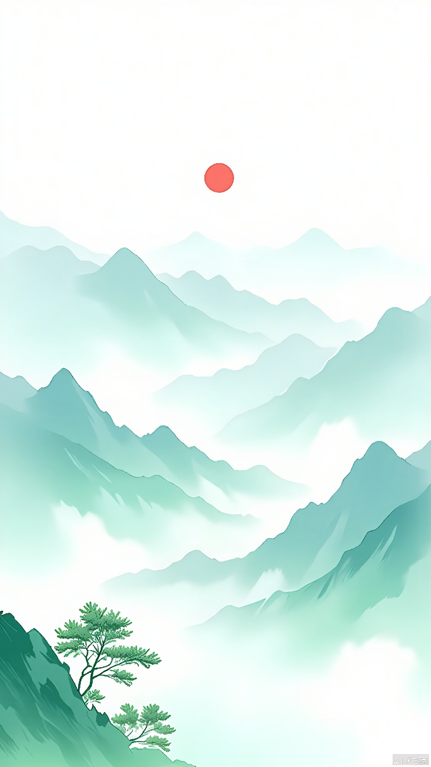 GFSS, A serene landscape photograph of a misty mountain range with a bright red sun rising above the peaks. The mountains are layered in shades of green and blue, gradually fading into the mist. In the foreground, lush green trees are partially obscured by the mist. The overall color palette is soft and calming, with a sense of tranquility and peacefulness. The image has a dreamy, ethereal quality.