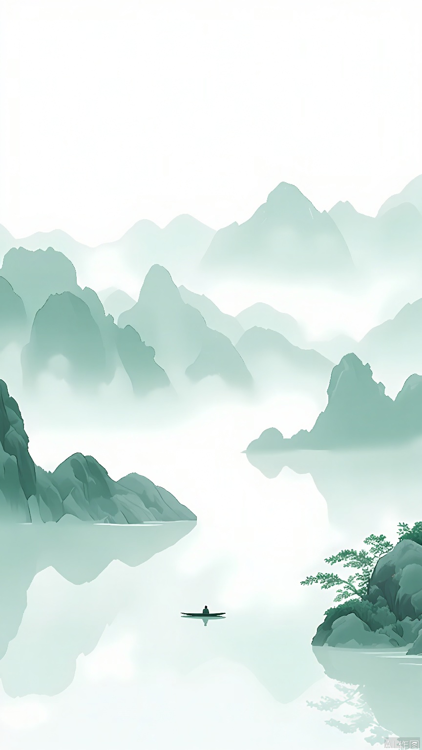 GFSS, A serene landscape painting in a traditional Chinese style, featuring misty mountains and a calm lake. A small boat with a single person is in the center, paddling. The sky is overcast with a soft, pale green hue. The mountains are layered with varying shades of green and grey, creating a sense of depth and tranquility. The water is still, reflecting the mountains and sky. The scene is peaceful and meditative, evoking a sense of harmony with nature.