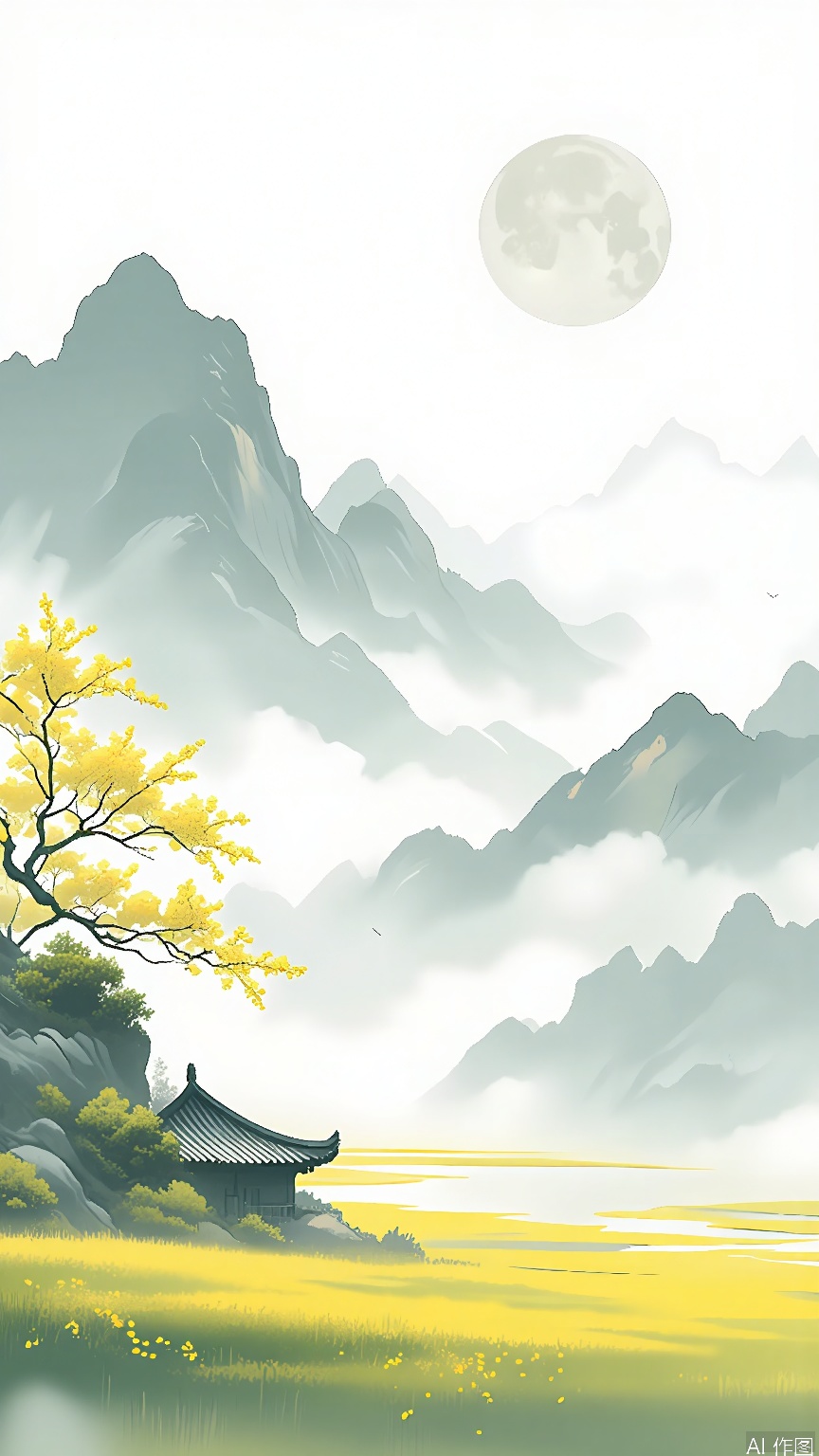 GFSS, A serene landscape painting featuring a full moon in the upper right corner, casting a soft glow over misty mountains in the background. The foreground is dominated by a tranquil, yellow-lit meadow with a small, traditional Chinese pavilion in the center. Two delicate trees with yellow blossoms frame the pavilion, adding to the peaceful atmosphere. The color palette is soft and calming, with shades of green, yellow, and gray. The style is reminiscent of traditional Chinese landscape art, with a focus on natural beauty and harmony.