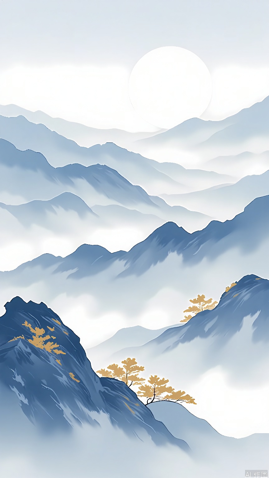 GFSS, A serene, digital painting of a misty mountain landscape at sunrise, featuring a large, glowing white sun in the background, casting a soft light over the rolling hills and valleys. The mountains are depicted in shades of blue and gray, with mist and fog adding a dreamy quality to the scene. Small, golden trees dot the landscape, adding a touch of warmth and contrast to the cooler tones. The overall mood is tranquil and ethereal, with a sense of peaceful solitude.