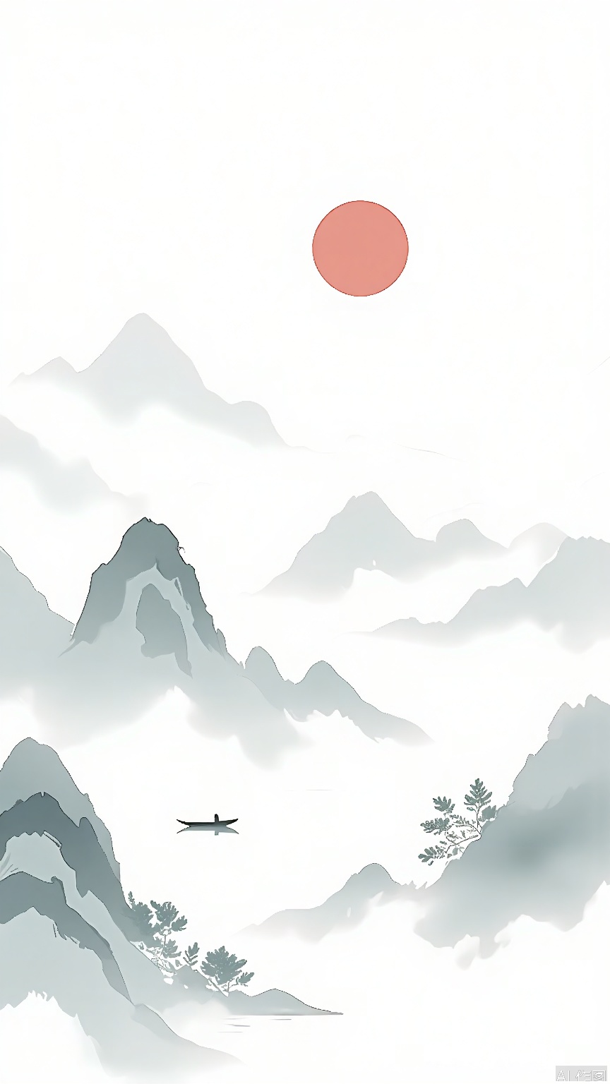 GFSS, A serene landscape painting in a traditional East Asian style, featuring a large, pale red sun at the top center. The background includes misty, softly shaded mountains in various shades of gray and white, creating a tranquil, dreamlike atmosphere. In the foreground, there is a small boat with a single person on it, adding a sense of scale and solitude to the scene. The painting has a delicate, watercolor-like quality, with soft brushstrokes and a limited color palette. The overall mood is peaceful and contemplative, with a focus on natural beauty and simplicity.
