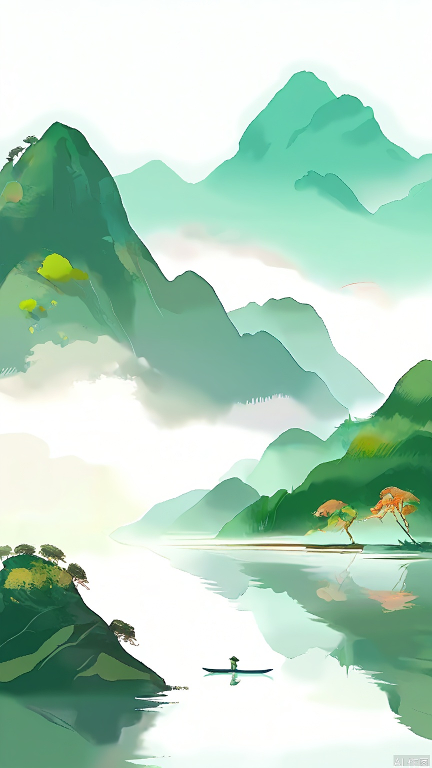 GFSS, A serene landscape painting in a traditional Chinese style, featuring misty mountains and a calm lake. A small boat with a single person is in the center, paddling. The sky is overcast with a soft, pale green hue. The mountains are layered with varying shades of green and grey, creating a sense of depth and tranquility. The water is still, reflecting the mountains and sky. The scene is peaceful and meditative, evoking a sense of harmony with nature.
