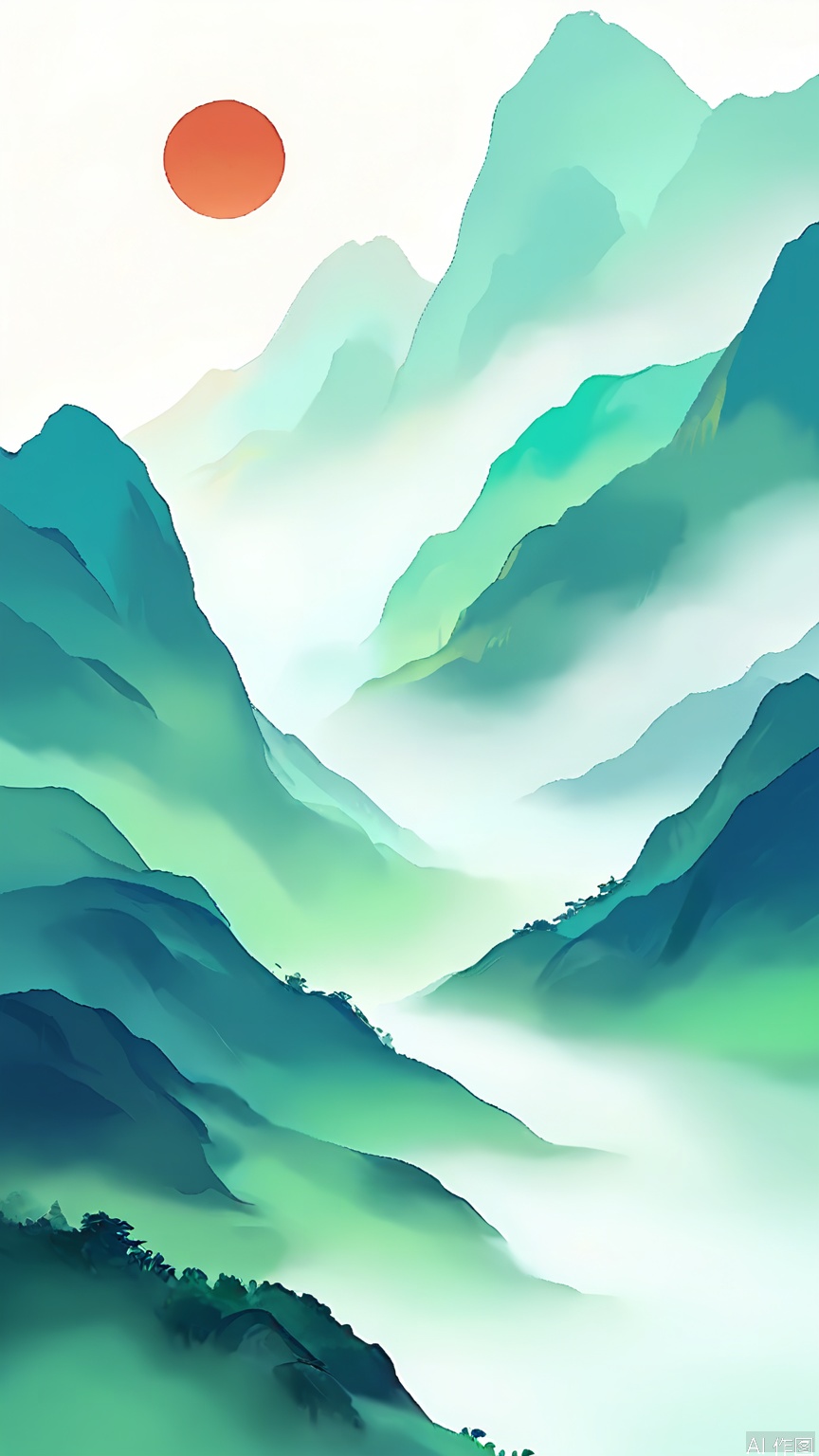 GFSS, A serene landscape photograph of a misty mountain range with a bright red sun rising above the peaks. The mountains are layered in shades of green and blue, gradually fading into the mist. In the foreground, lush green trees are partially obscured by the mist. The overall color palette is soft and calming, with a sense of tranquility and peacefulness. The image has a dreamy, ethereal quality.