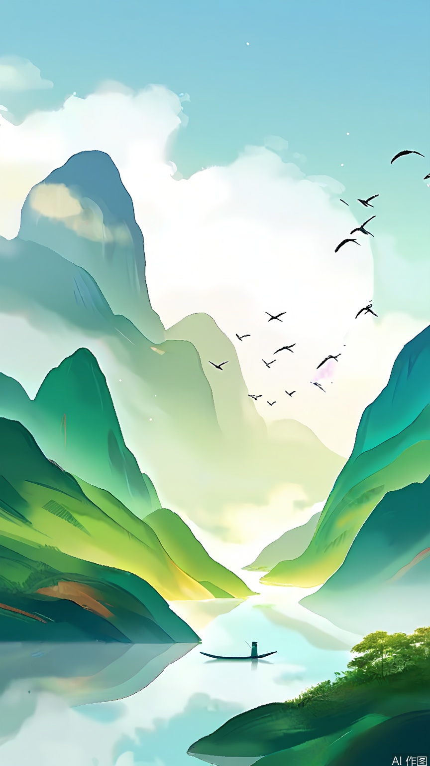 GFSS, A serene landscape painting in watercolor style, depicting a tranquil river winding through a valley surrounded by misty mountains. The colors are predominantly shades of green and blue, with a soft, ethereal quality. A small boat with a single person is visible in the center of the image, adding a sense of scale and tranquility. The mountains fade into the distance, creating a sense of depth and calm. The overall mood is peaceful and contemplative.