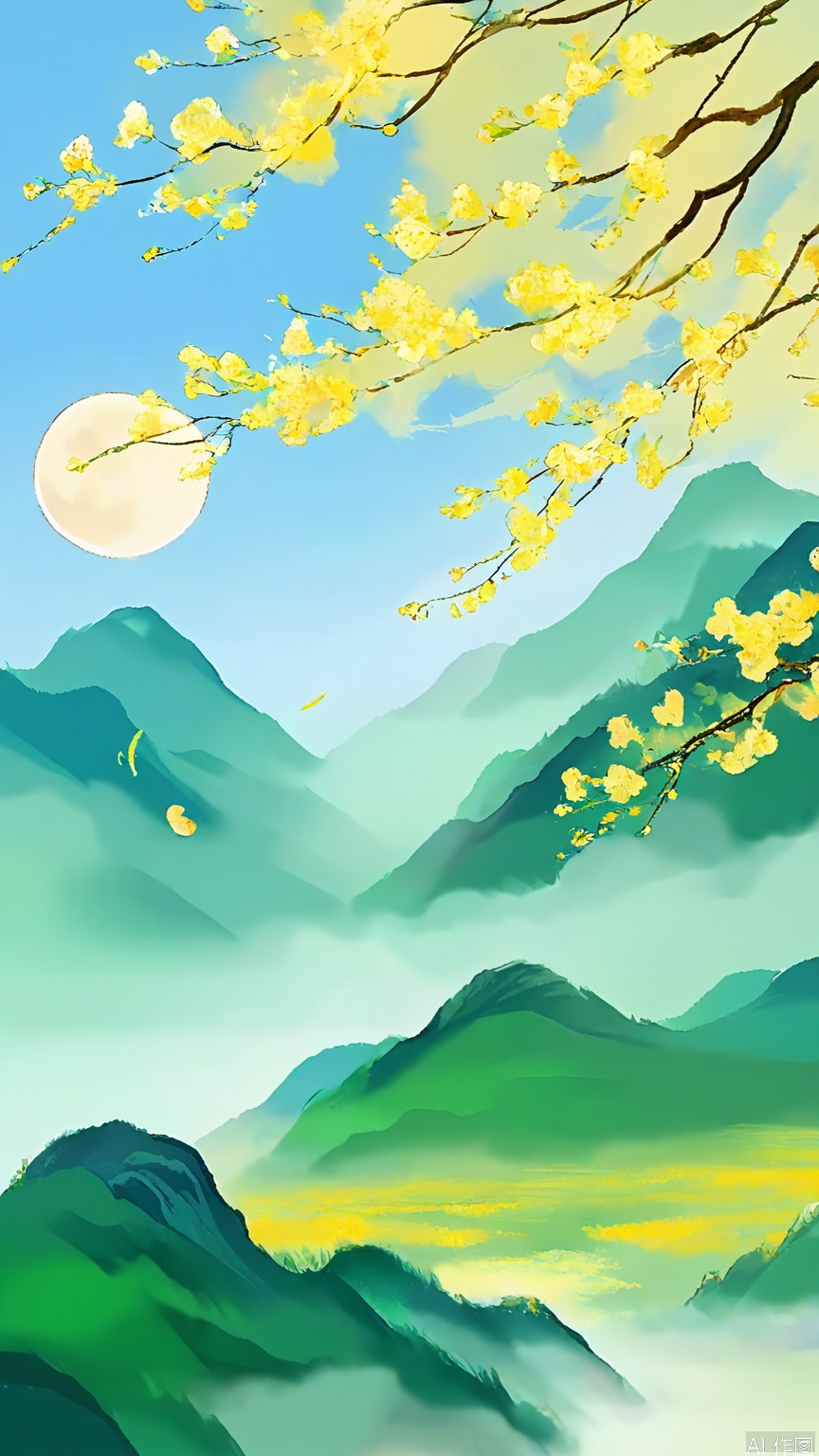 GFSS, A serene landscape painting featuring a full moon in the upper right corner, casting a soft glow over misty mountains in the background. The foreground is dominated by a tranquil, yellow-lit meadow with a small, traditional Chinese pavilion in the center. Two delicate trees with yellow blossoms frame the pavilion, adding to the peaceful atmosphere. The color palette is soft and calming, with shades of green, yellow, and gray. The style is reminiscent of traditional Chinese landscape art, with a focus on natural beauty and harmony.