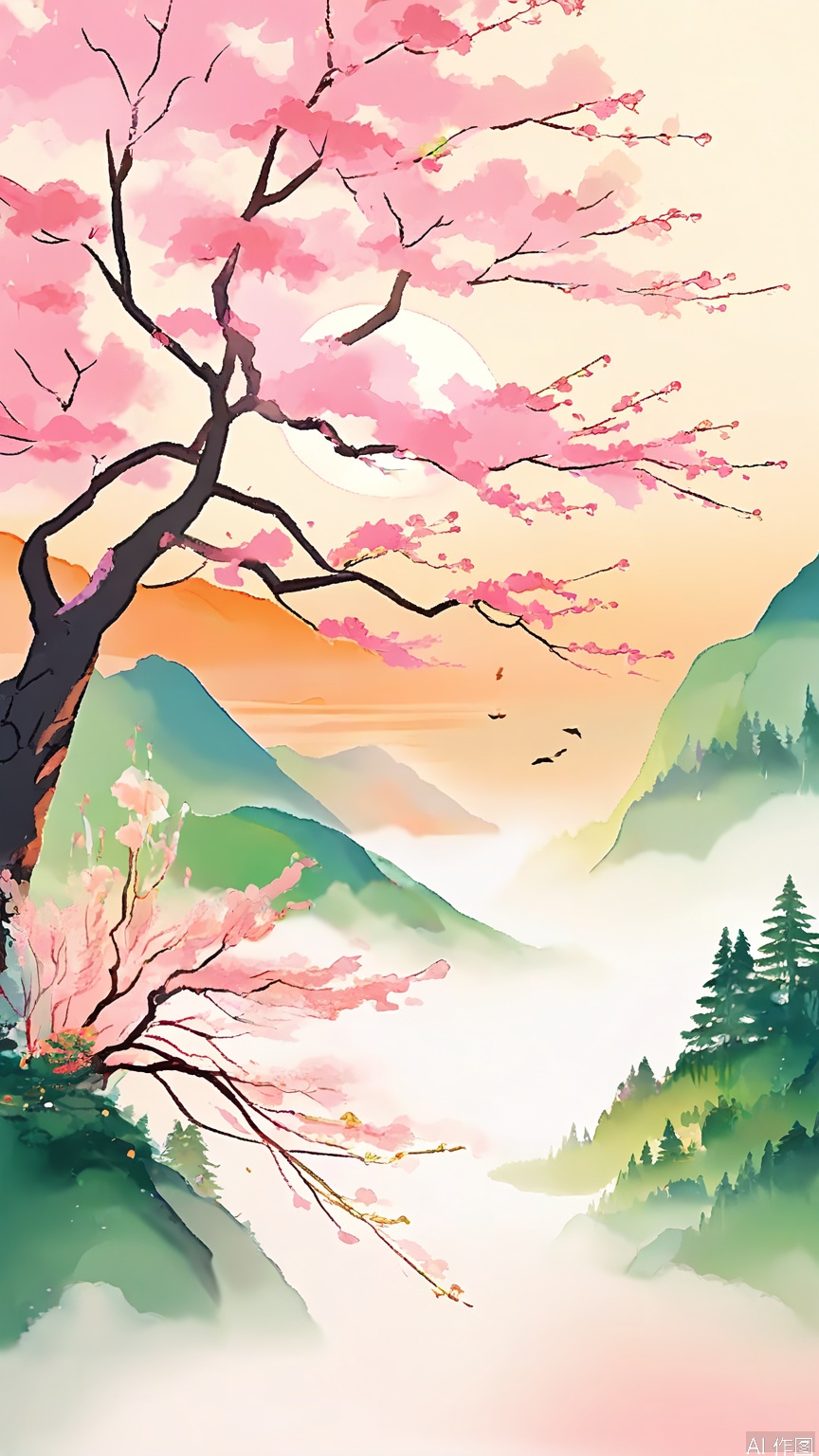 GFSS, Digital painting of a serene mountain landscape at sunrise or sunset, with a soft pink and orange gradient sky. A large, glowing sun is partially obscured by misty mountains in the background. The foreground features lush green pine trees with branches adorned with pink blossoms. A small stream or waterfall flows through the center of the image, surrounded by dense foliage. Birds are flying in the sky, adding a sense of motion and life. The overall atmosphere is tranquil and ethereal.