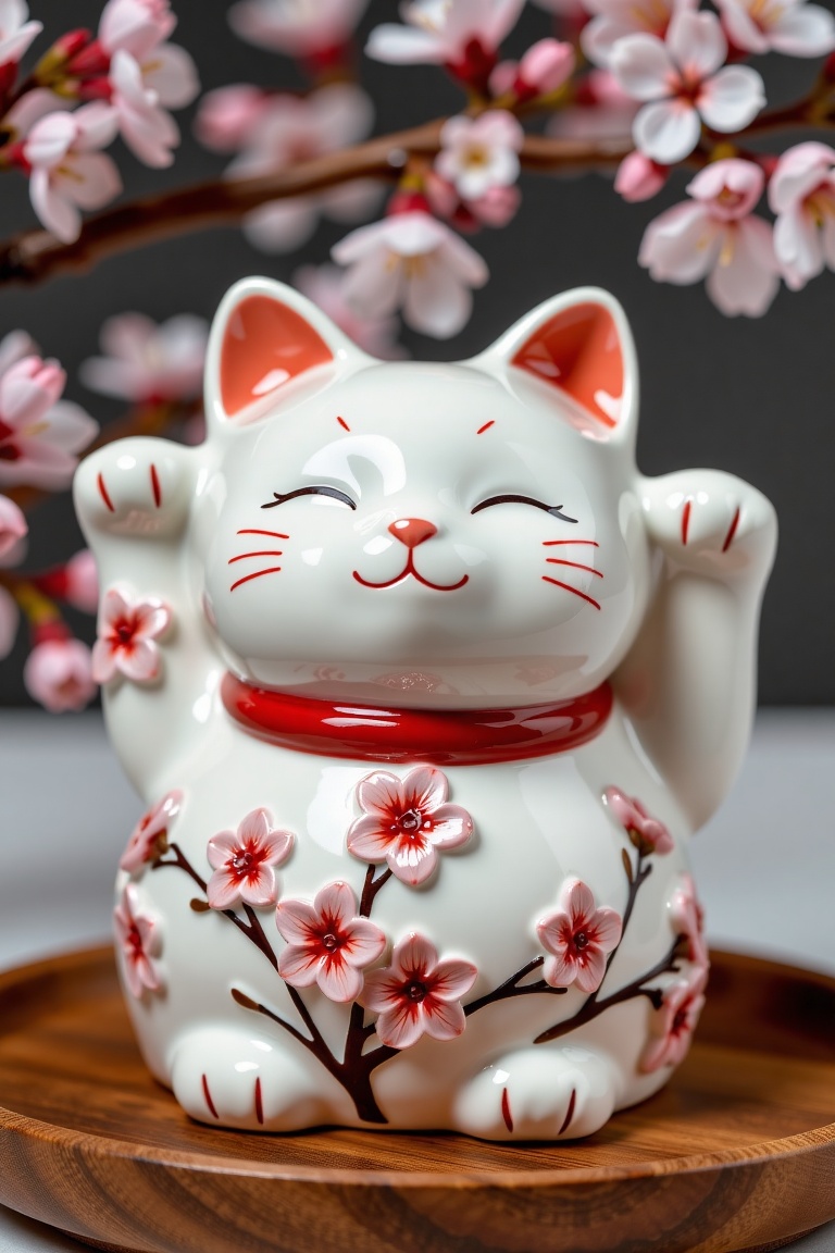 A kawaii white ceramic lucky cat dessert decorated with delicate cherry blossoms. The cat has a chubby round shape with a...