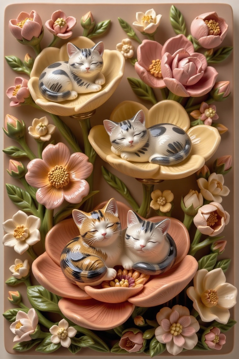 Prompt: A Collage of 3d miniature glass figurines of cute Japanese cats sleeping on giant flowers,  warm colors,  in the s...